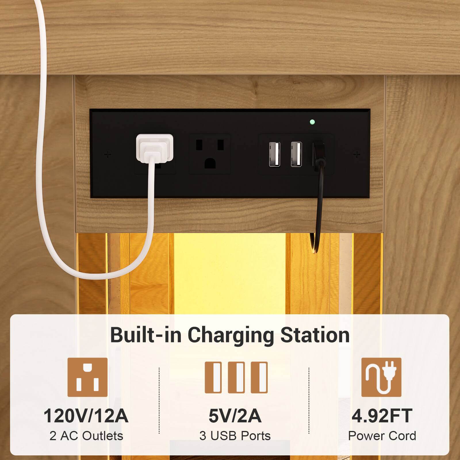Built-in Charging Station  
120V/12A  
2 AC Outlets  
5V/2A  
3 USB Ports  
4.92FT Power Cord