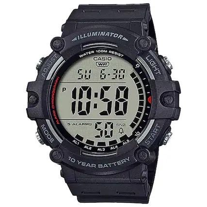 ILLUMINATOR
WATER 100M RESIST
CASIO
LIGHT
5 ALARMS
10 YEAR BATTERY
SNZ
AL1 AL2 AL3 AL4 AL5
START
CHRONOGRAPH
ADJUST
MODE
P