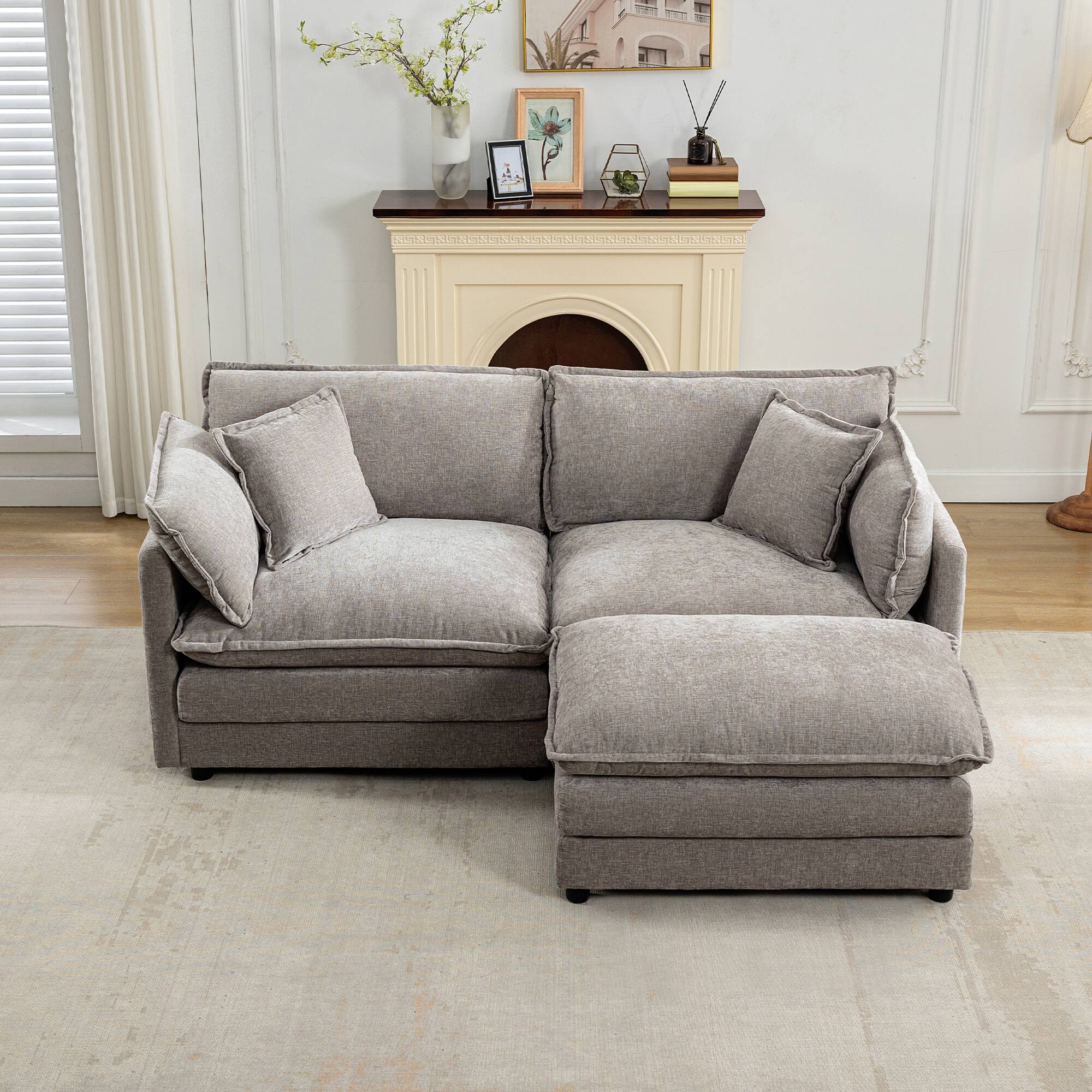 Alt View 2. KERDOM - Upholstery Living Room Modular Sectional Sofa with 1 Ottoman, Pillows & Armrest, Comfortable Convertible Sleeper Chaise - Grey.