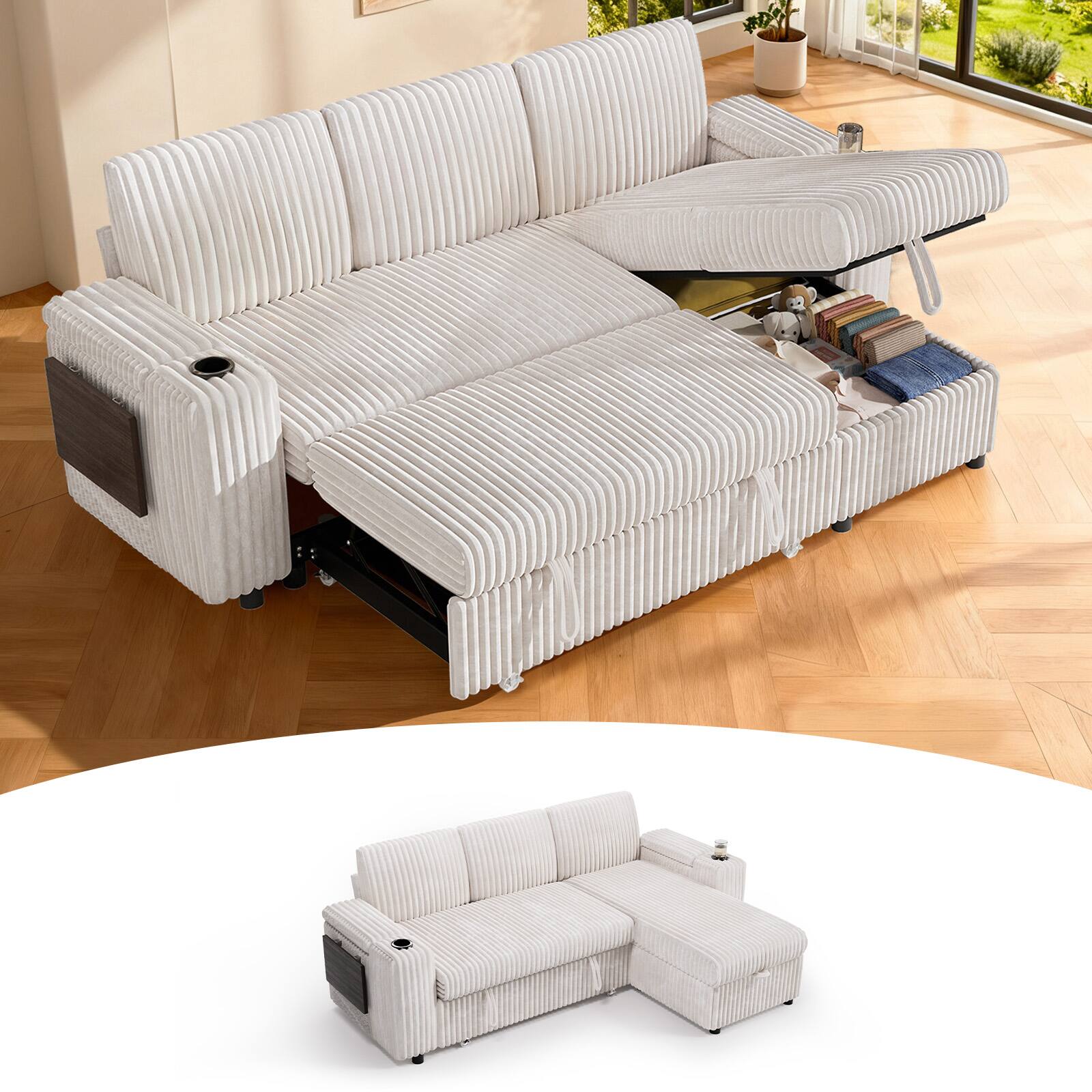 Back. Dyonery - Dyonery 85 "Modular sofa, with pull-out bed, 3-seat sofa, adjustable backrest, with storage, tool-free assembly - Beige.