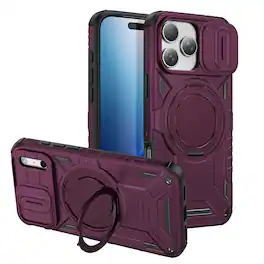Dteck - For Apple iPhone 17 Pro Max Rugged Case with Camera Sliding Lens Cover, Heavy Duty Shockproof Magnetic Ring Stand Cover - Cherryred