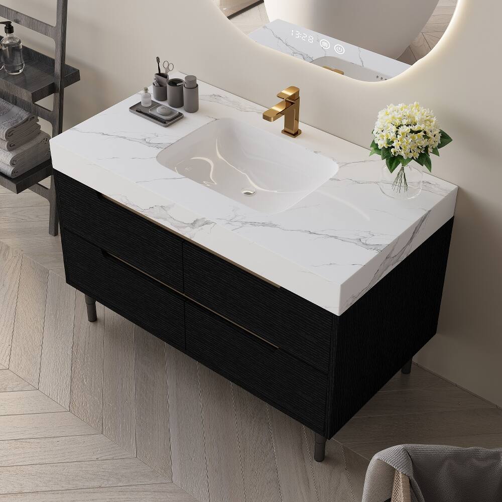 Left. Loheer - Loheer 35.4 inch modern bathroom vanity with undermount sink, Sintered Stone Top, 4 Drawers, Black - Black, White.