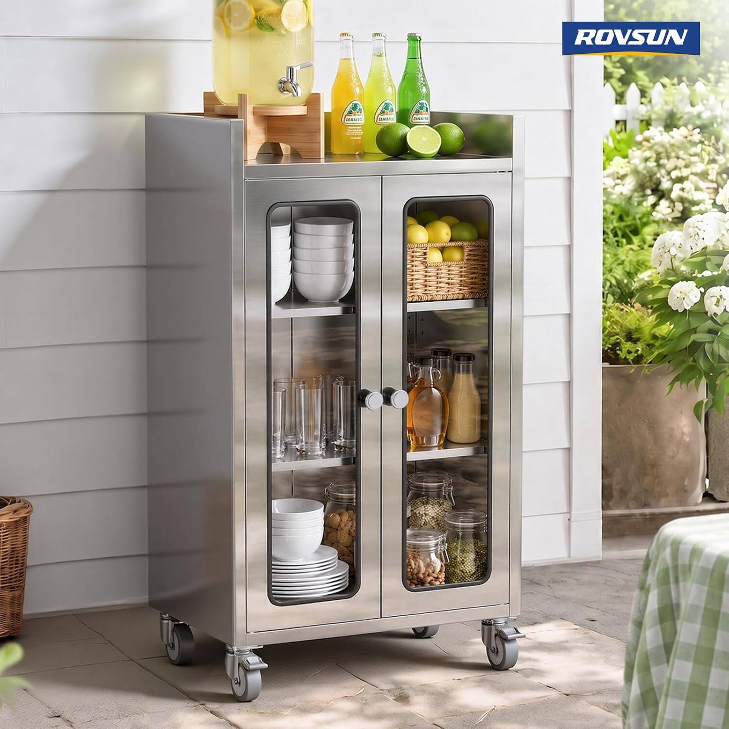Angle. Winado - Stainless Steel Work Table with Glass Door Cabinet & Adjustable Shelves & Wheels for Commercial Kitchens, Restaurants - Silver.
