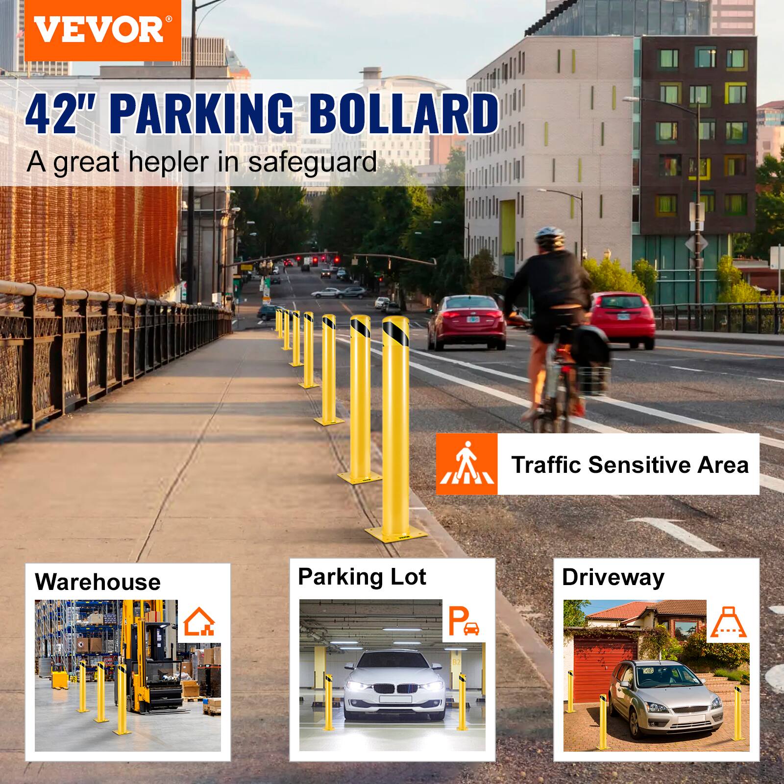 VEVOR 42" PARKING BOLLARD  
A great helper in safeguarding Traffic Sensitive Area, Warehouse, Parking Lot, and Driveway.