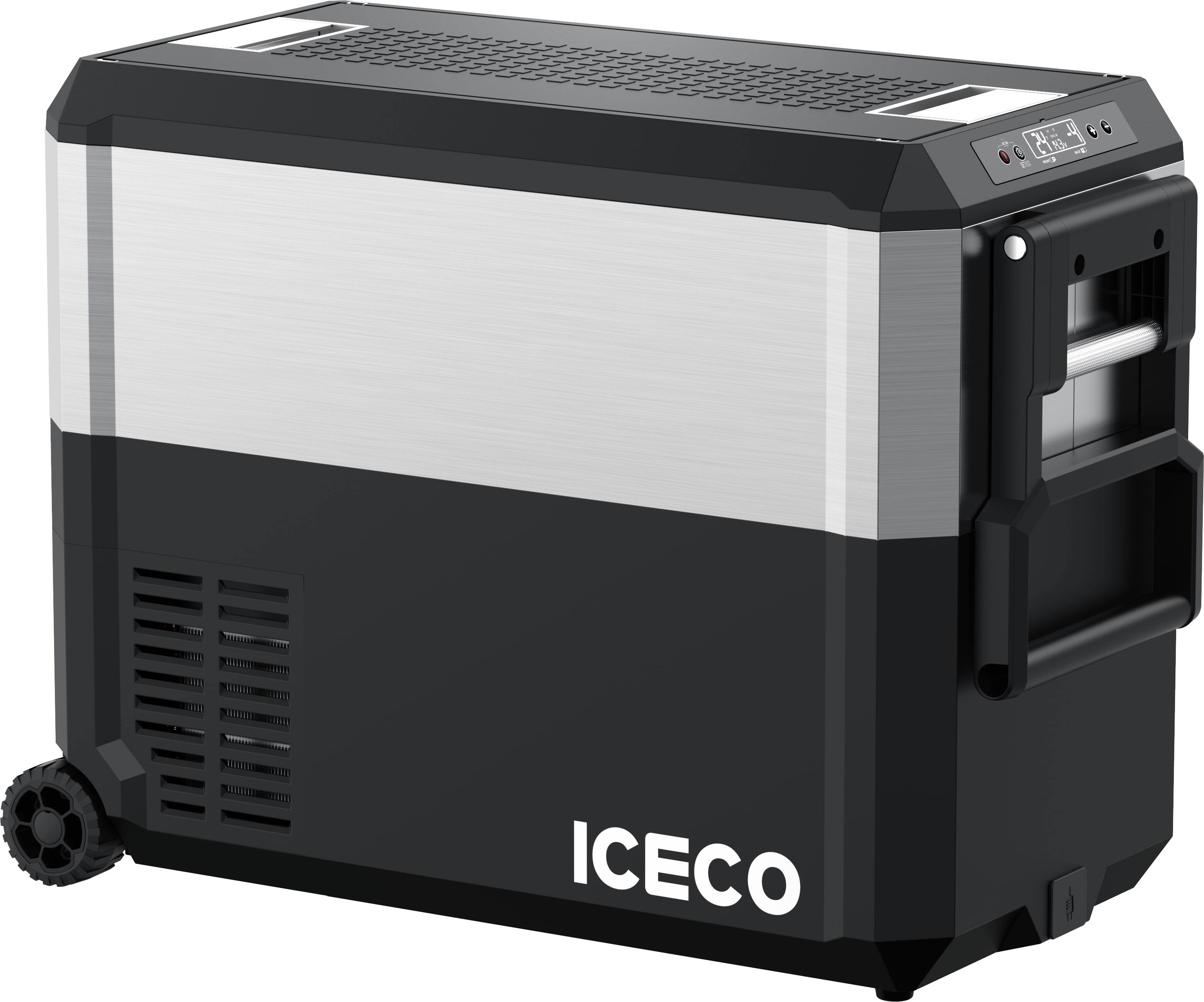Angle. ICECO - JP50 Pro Dual Zone Wheeled 51QT Portable Cooler Silver - Black/Silver.