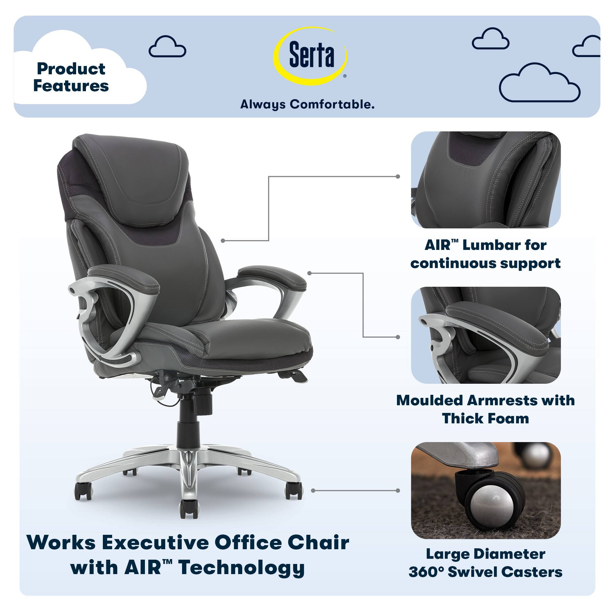 Angle. Serta - Executive Office Chair with Serta Air Lumbar Support Padded Arms Reclining Leather Computer Chair for Home Office - Gray.