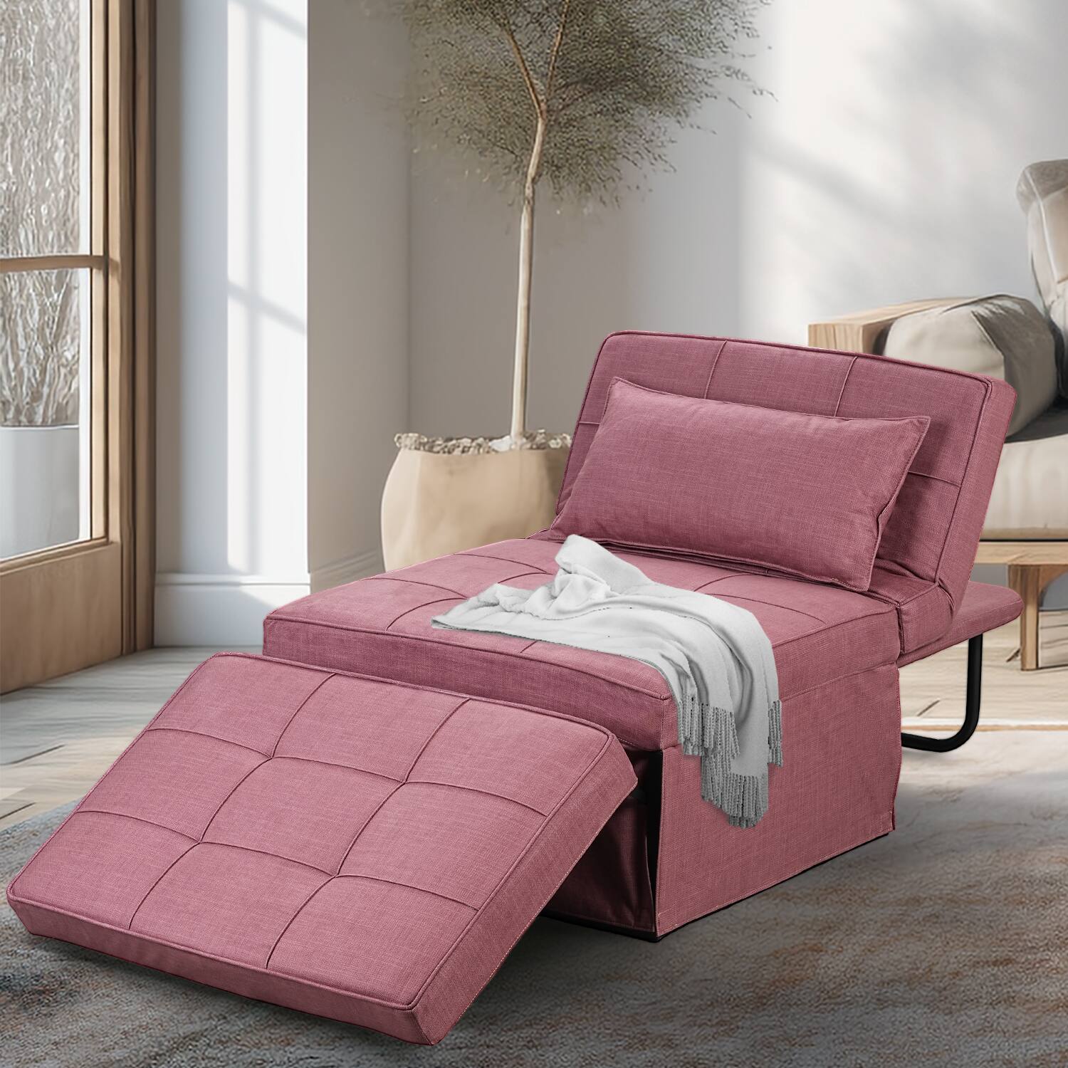 Alt View 3. Ainfox - Ainfox Sofa Bed Breathable Linen Couch Bed with Adjustable Backrest Convertible Chair for Living Room Apartment Office - pink.