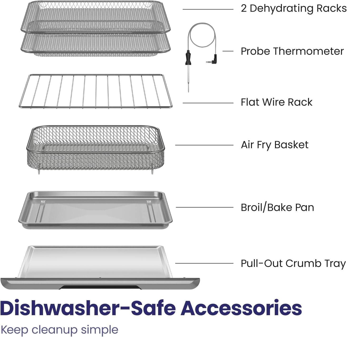 - 2 Dehydrating Racks
- Probe Thermometer
- Flat Wire Rack
- Air Fry Basket
- Broil/Bake Pan
- Pull-Out Crumb Tray

Dishwasher-Safe Accessories

Keep cleanup simple