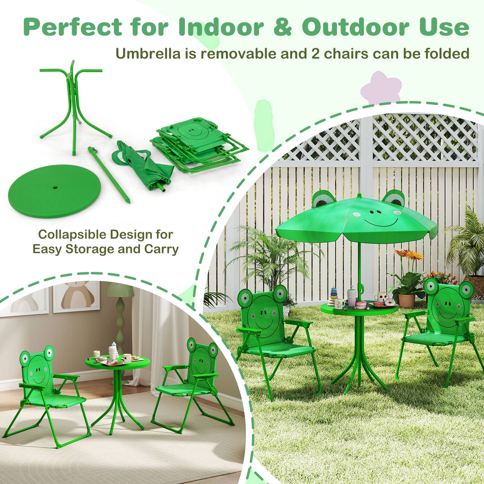 Perfect for Indoor & Outdoor Use  
Umbrella is removable and 2 chairs can be folded  
Collapsible Design for Easy Storage and Carry