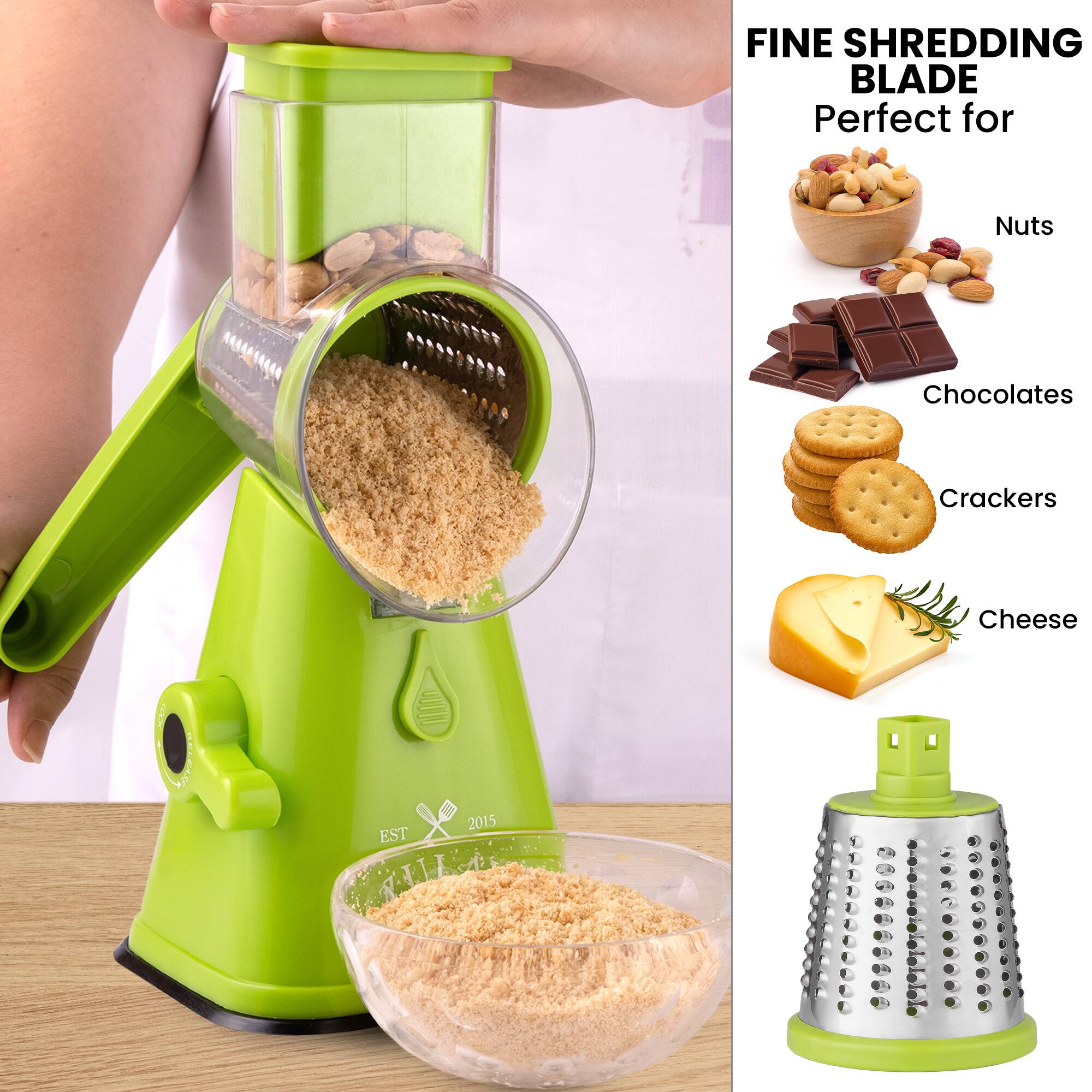 FINE SHREDDING BLADE  
Perfect for  
Nuts  
Chocolates  
Crackers  
Cheese  

EST 2015