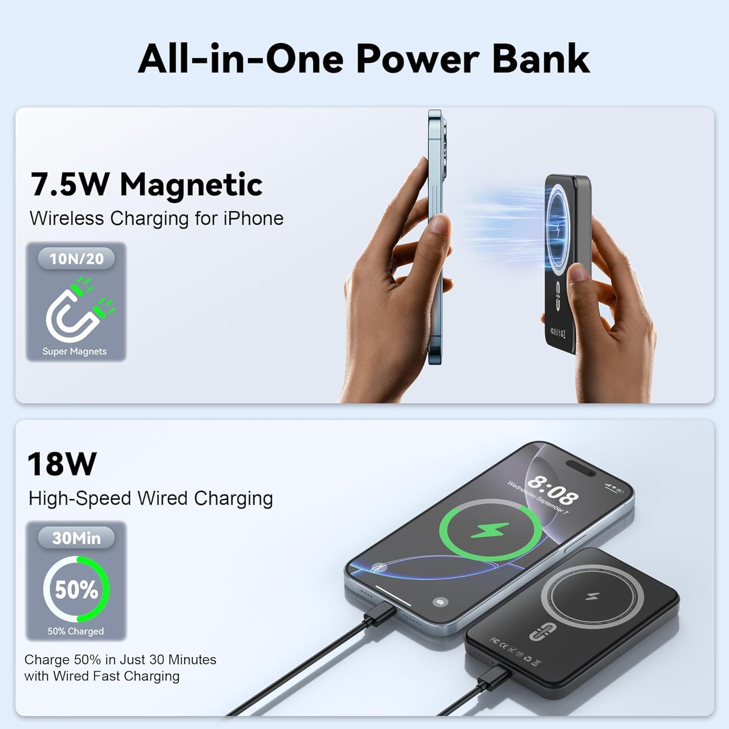 All-in-One Power Bank

7.5W Magnetic Wireless Charging for iPhone  
10N/20 Super Magnets

18W High-Speed Wired Charging  
30Min  
50% Charged  
Charge 50% in Just 30 Minutes with Wired Fast Charging