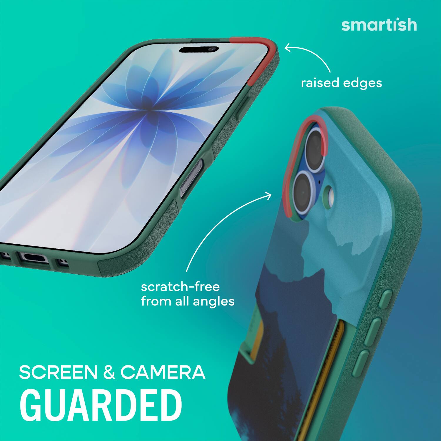 smartish  
raised edges  
scratch-free from all angles  
SCREEN & CAMERA GUARDED