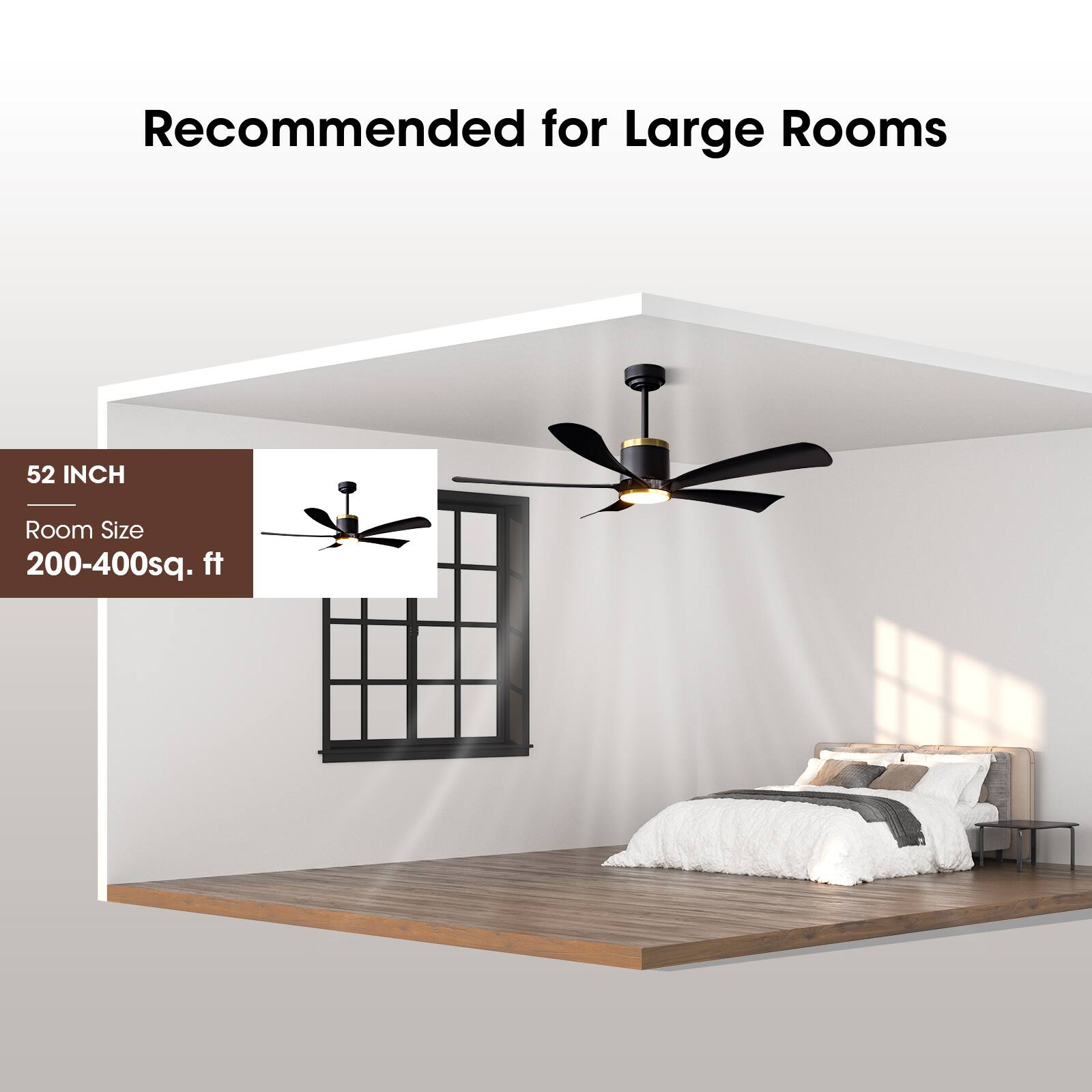 Recommended for Large Rooms

52 INCH  
Room Size  
200-400 sq. ft