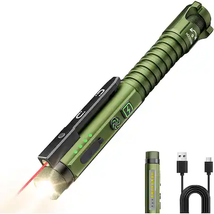 Front. Schertz - EDC Pen Flashlight Rechargeable, 800 Lumen, Magnetic Clip & Base, 11 Modes, Glass Breaker, USB-C.
