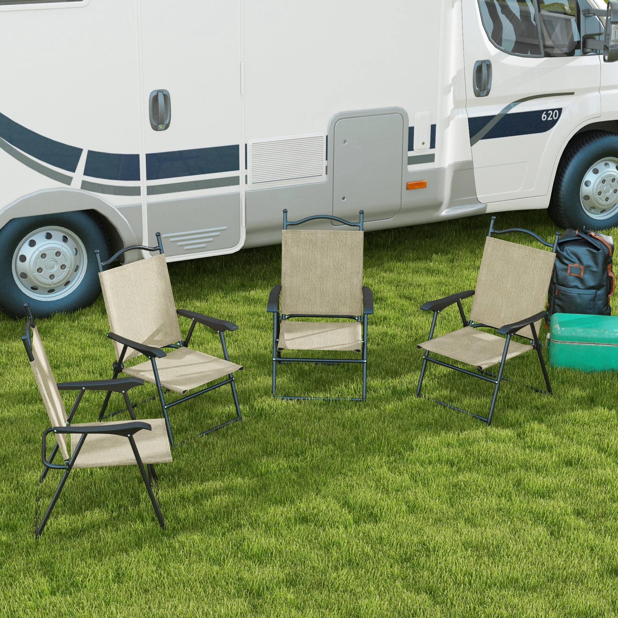 Alt View 1. Outsunny - Folding Patio Chairs, Set of 4 Sports Chairs for Adults, Camping Chairs with Armrests - Beige.