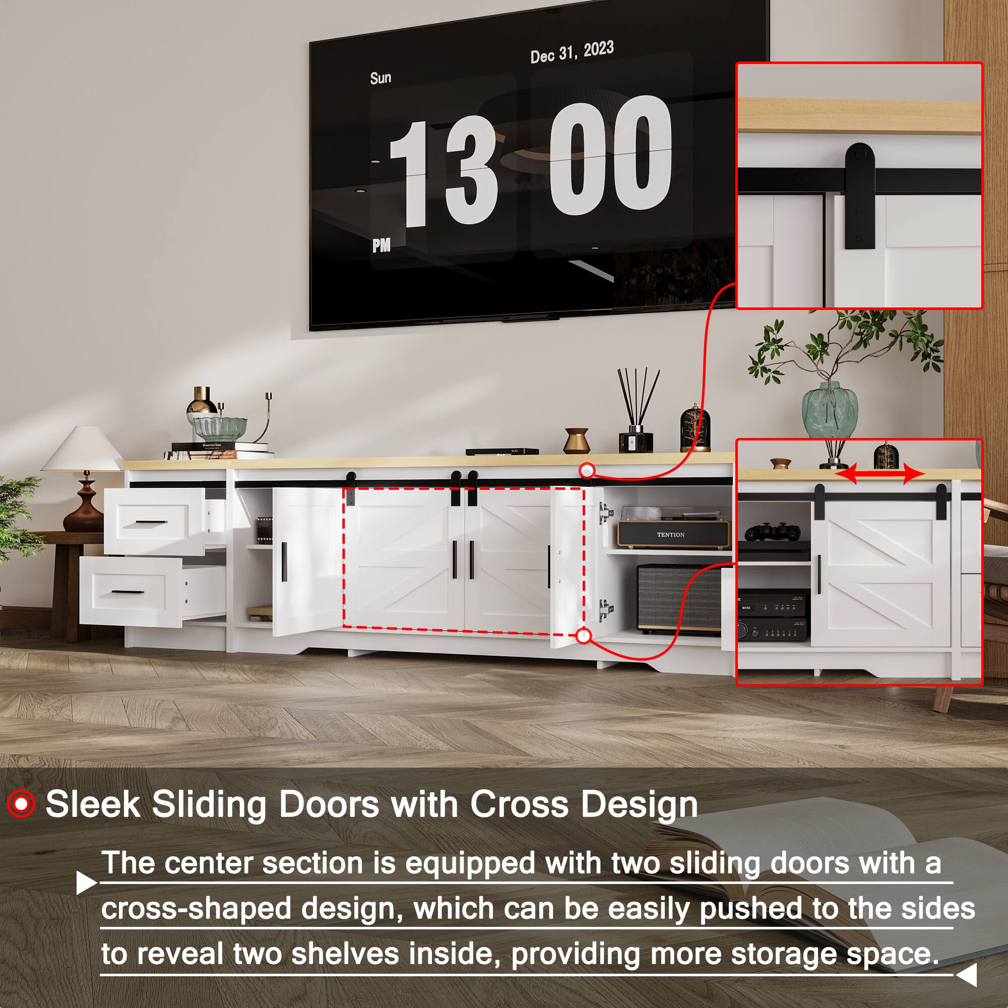 Dec 31, 2023 Sun 13 00 PM fRa. - - ... Sleek Sliding Doors with Cross Design The center section is equipped with two sliding doors with a cross-shaped design, which can be easily pushed to the sides to reveal two shelves inside, providing more storage space.