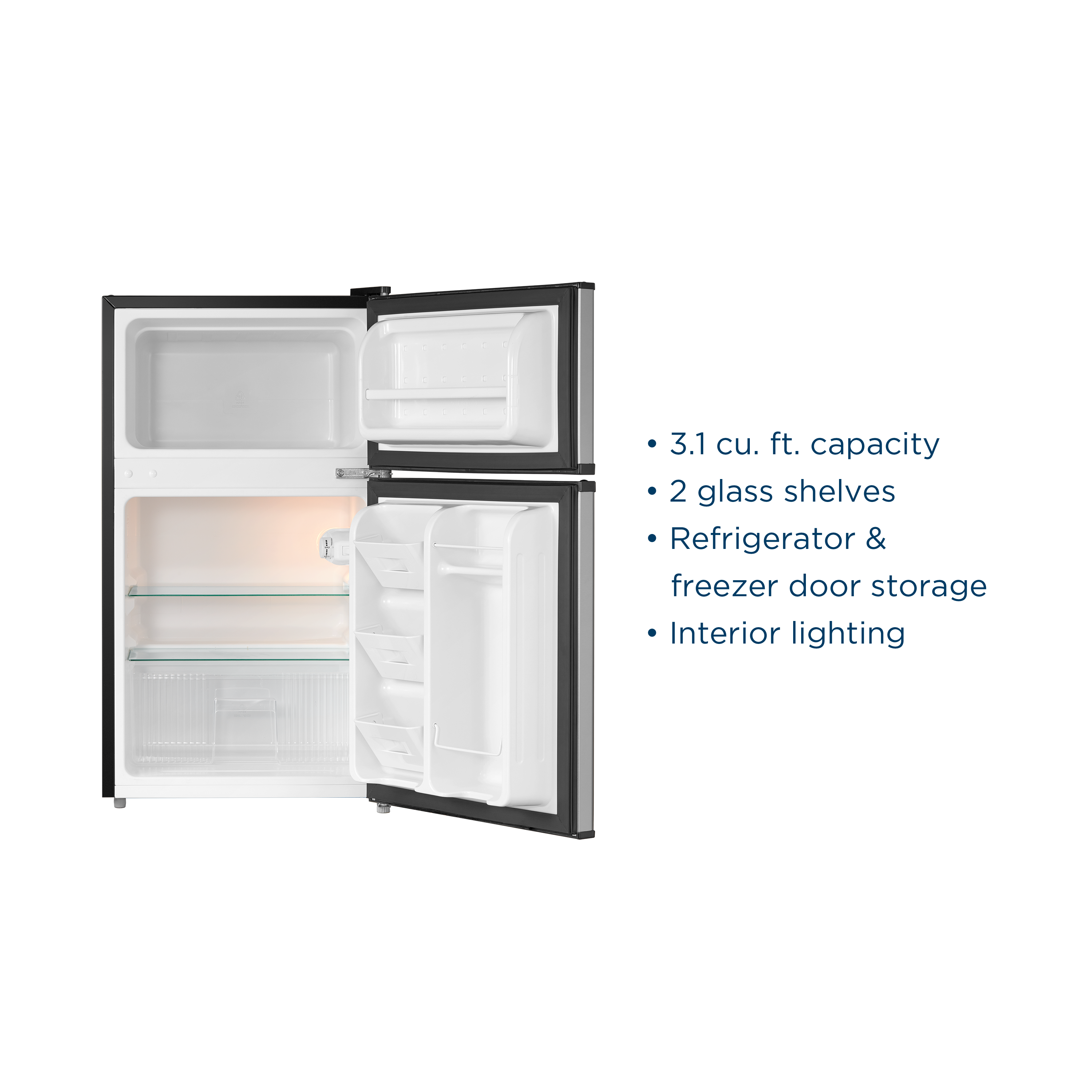 - 3.1 cu. ft. capacity
- 2 glass shelves
- Refrigerator & freezer door storage
- Interior lighting