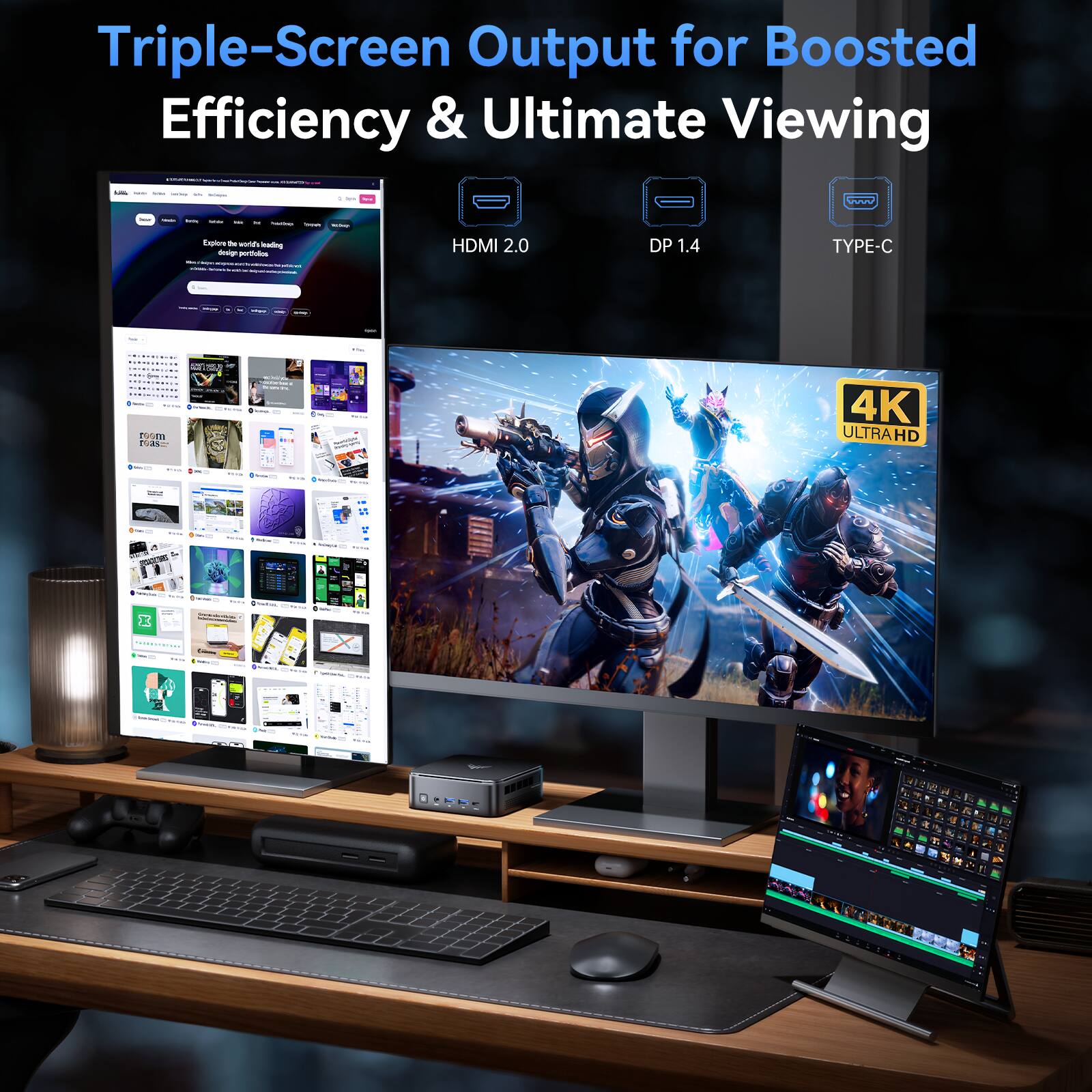 Triple-Screen Output for Boosted Efficiency & Ultimate Viewing

- HDMI 2.0
- DP 1.4
- TYPE-C

4K ULTRAHD

Explore the world's leading design partialos

room DOOS:

4K ULTRAHD

-