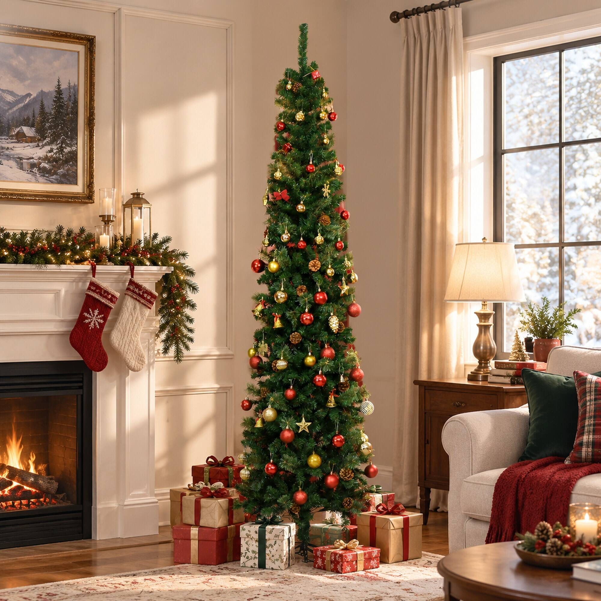 Left. RYHNUYNE - 7.5 Ft Slim Pencil Green Artificial Christmas Tree With Realistic Pine Needle Branches, Pine Cones Metal Base Decor - Green.