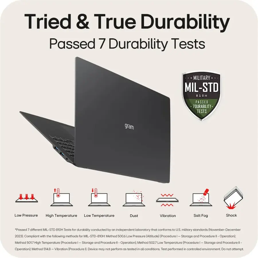 The text on the image is grouped and corrected as follows:

Title: Tried & True Durability Passed 7 Durability Tests

Description: MILITARY MIL-STD 810H PASSED 7 DURABILITY-TESTS

Features:

* Passed 7 different MIL-STD 10H Tests for durability conducted by an independent laboratory that conforms to U.S. military standards (November-December 2023)
* Compliant with the following methods for MIL-STD-B10H:
	+ Method 500.6 Low Pressure (Altitude) Procedure
	+ Method 501.7 High Temperature (Procedure 1 - Storage and Procedure 1 Operation)
	+ Method 502.7 Low Temperature (Procedure 1 - Storage and Procedure 1 Operation)
	+ Method 514.8 Vibration (Procedure 0)

Note: Device may not perform as expected in all conditions. Test performed in a controlled environment. Do not attempt to replicate the tests.