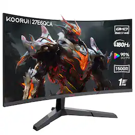 KOORUI - 27 inch Curved Gaming Monitor, QHD(2560x1440) R1500 180Hz, AdaptiveSync, HDR10, 1 x DP1.4, 2 x HDMI 2.0, Eye Care - Black