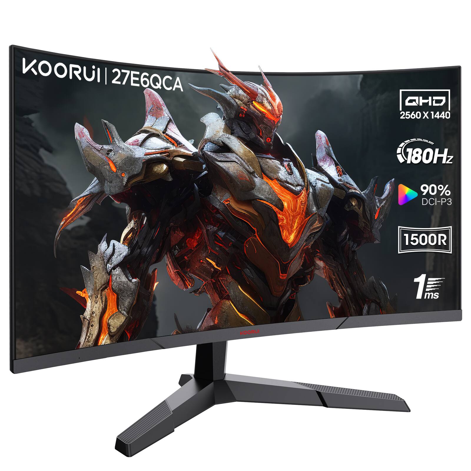 KOORUI - 27 inch Curved Gaming Monitor, QHD(2560x1440) R1500 180Hz, AdaptiveSync, HDR10, 1 x DP1.4, 2 x HDMI 2.0, Eye Care - Black