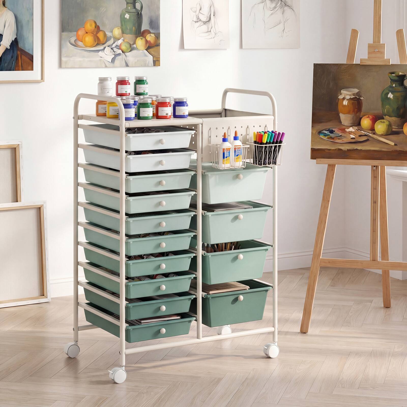 Alt View 1. Costway - Costway 14-Drawer Art & Craft Storage Carts with Pegboard, 2 Locking Brakes, Metal Frame for Home - Gradient Green+White.