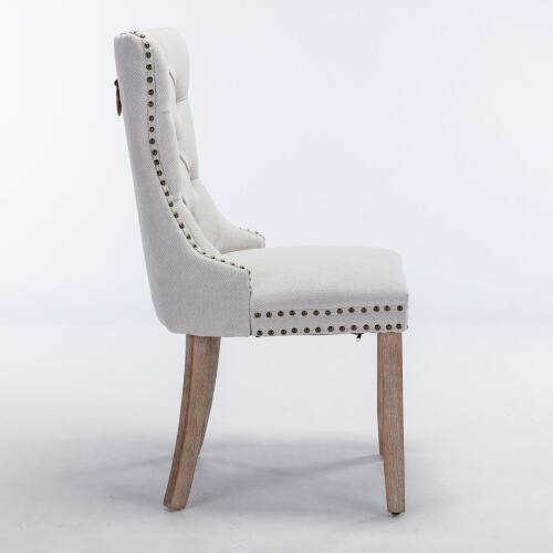 Back. LUCKY ONE - Assembled Tufted Linen Dining Chair Set of 2 with Wood Legs Nailhead Trim High Back - Beige.