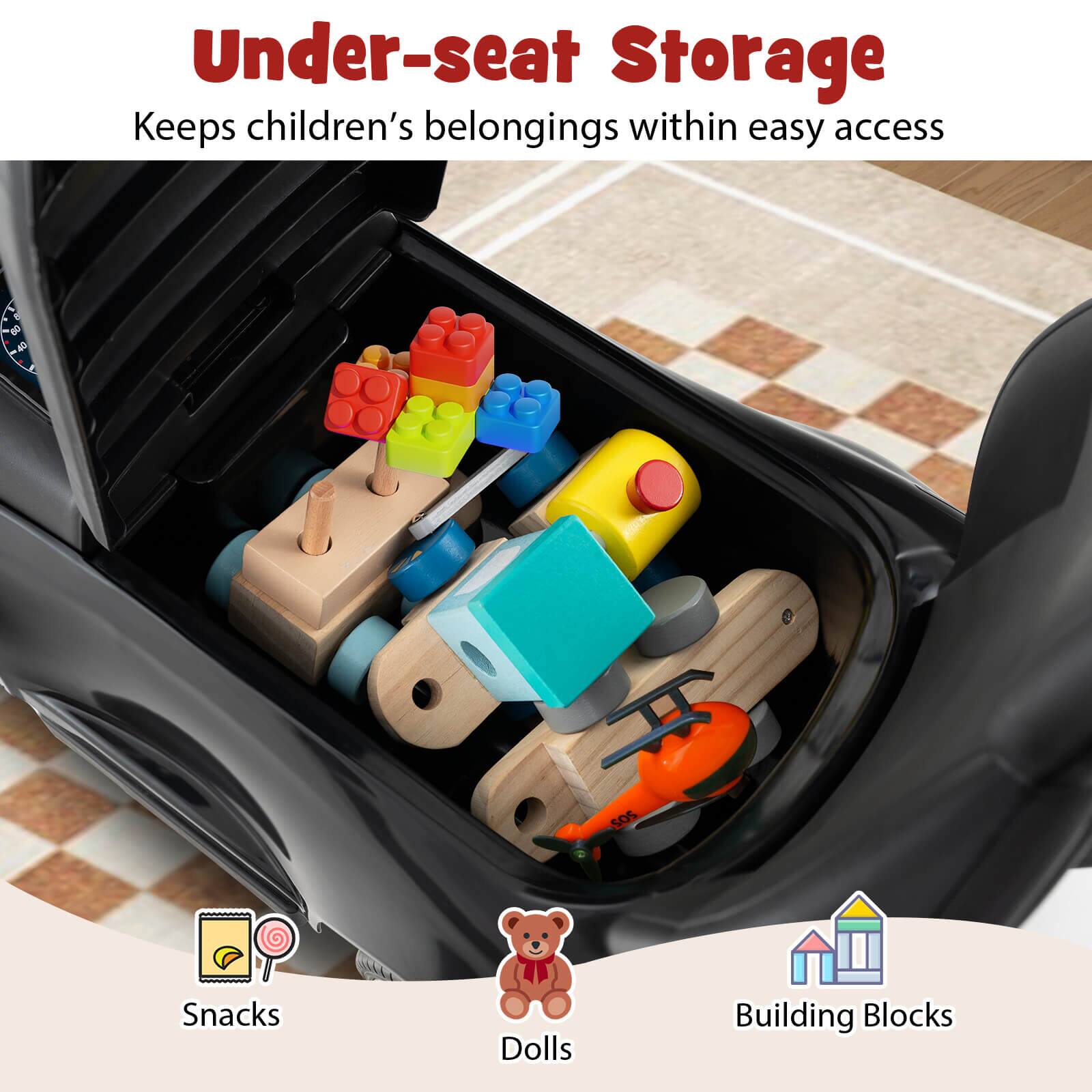 Under-seat Storage  
Keeps children's belongings within easy access  

Snacks  
Dolls  
Building Blocks