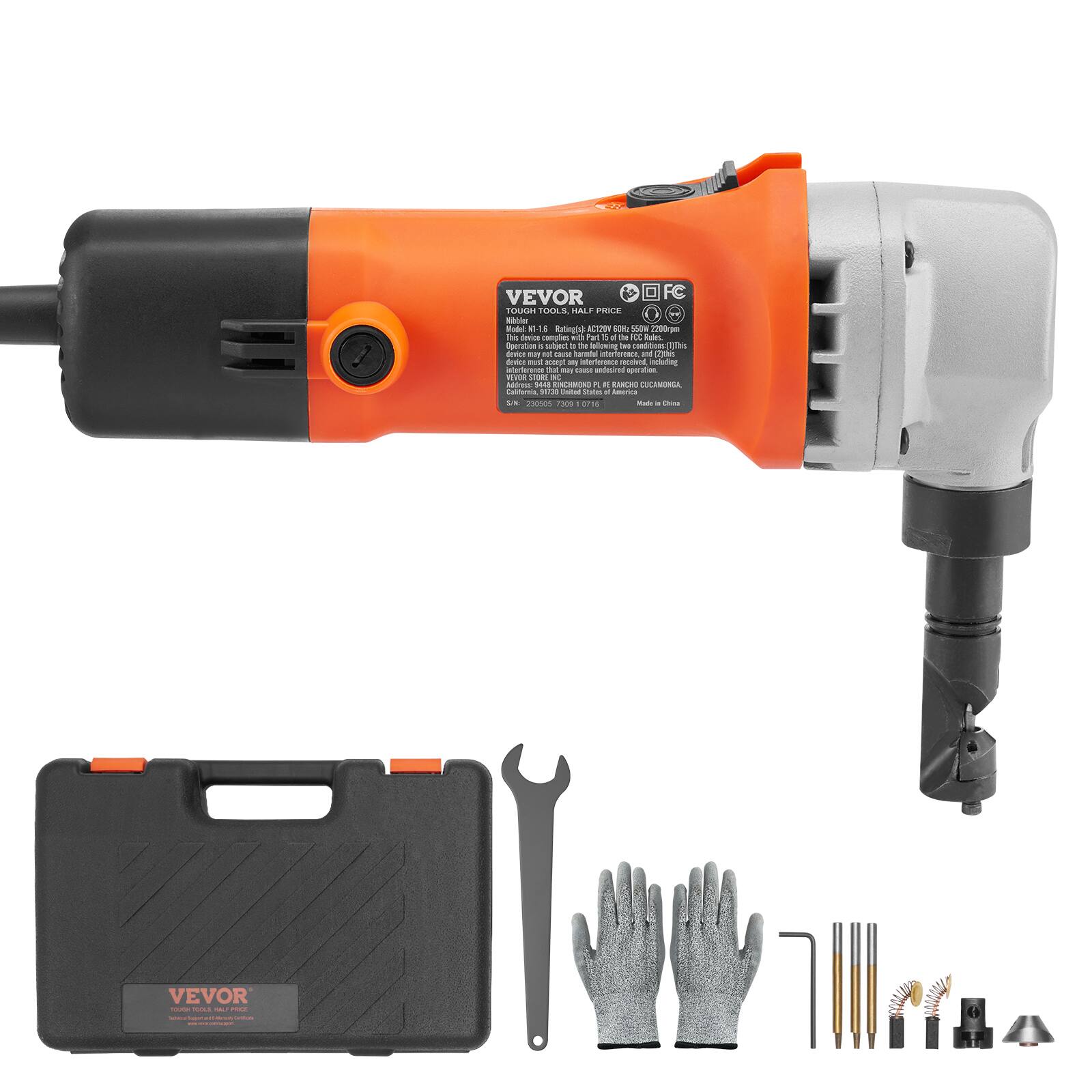 VEVOR TOUGH TOOLS, HALF PRICE  
Nibbier Model: N1-1.6  
Rating(a): AC1201 500g 550W 2200  
This device complies with Part 18 of the K Roles.  
Operation is subject to the following two conditions:  
(1) This device may not cause harmful interference, and  
(2) this device must accept any interference received, including interference that may cause undesired operation.  
NEVOR STORE K Mress 1448  
RINCHWONG R it DECHAR COCAMONGA, California, United States of America  
5% 260006 race 10%  
Made in China  

VEVOR TOOLS, HALF PRICE  
SODE - - Collectory Cartificate (www.com/philwlane)