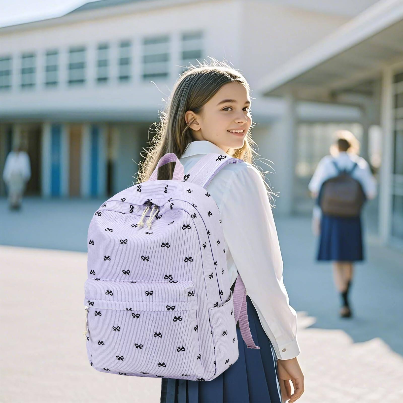 Left. Live At Space - Backpack For School Bag Bookbag Teen Set Daypack With Lunch And Pencil Case - Grid - Pink and White.