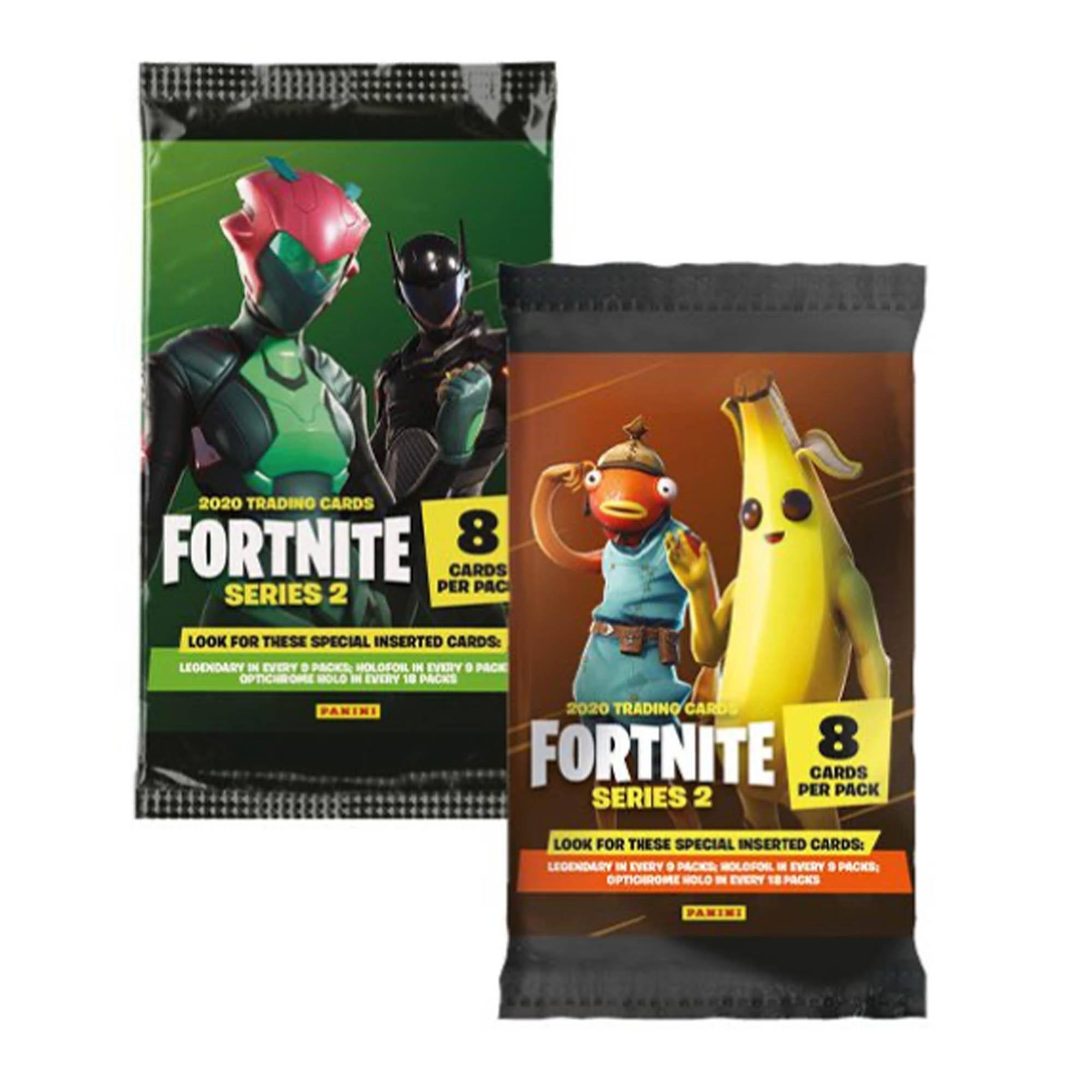 2020 TRADING CARDS  
FORTNITE  
SERIES 2  
8 CARDS PER PACK  

LOOK FOR THESE SPECIAL INSERTED CARDS:  
LEGENDARY IN EVERY 9 PACKS  
MOLOFOI IN EVERY 9 PACKS  
OPTICHOME IN EVERY 18 PACKS  

PANINI