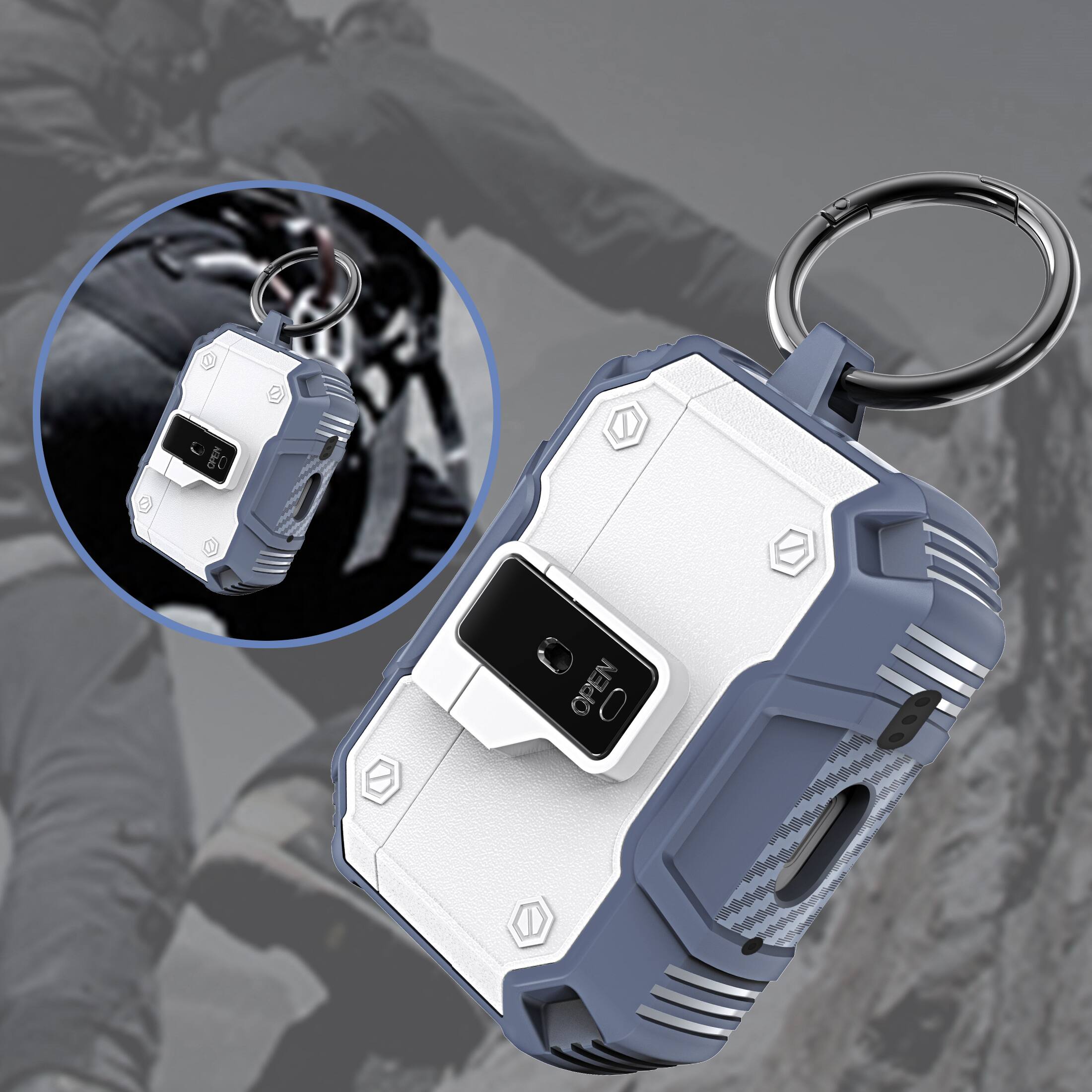 Back. UUCOVER - For AirPods Pro 3rd Gen (2025) Protective Case with Secure Button Lock and Metal Keychain, Shockproof Full-Body Cover - Blue.