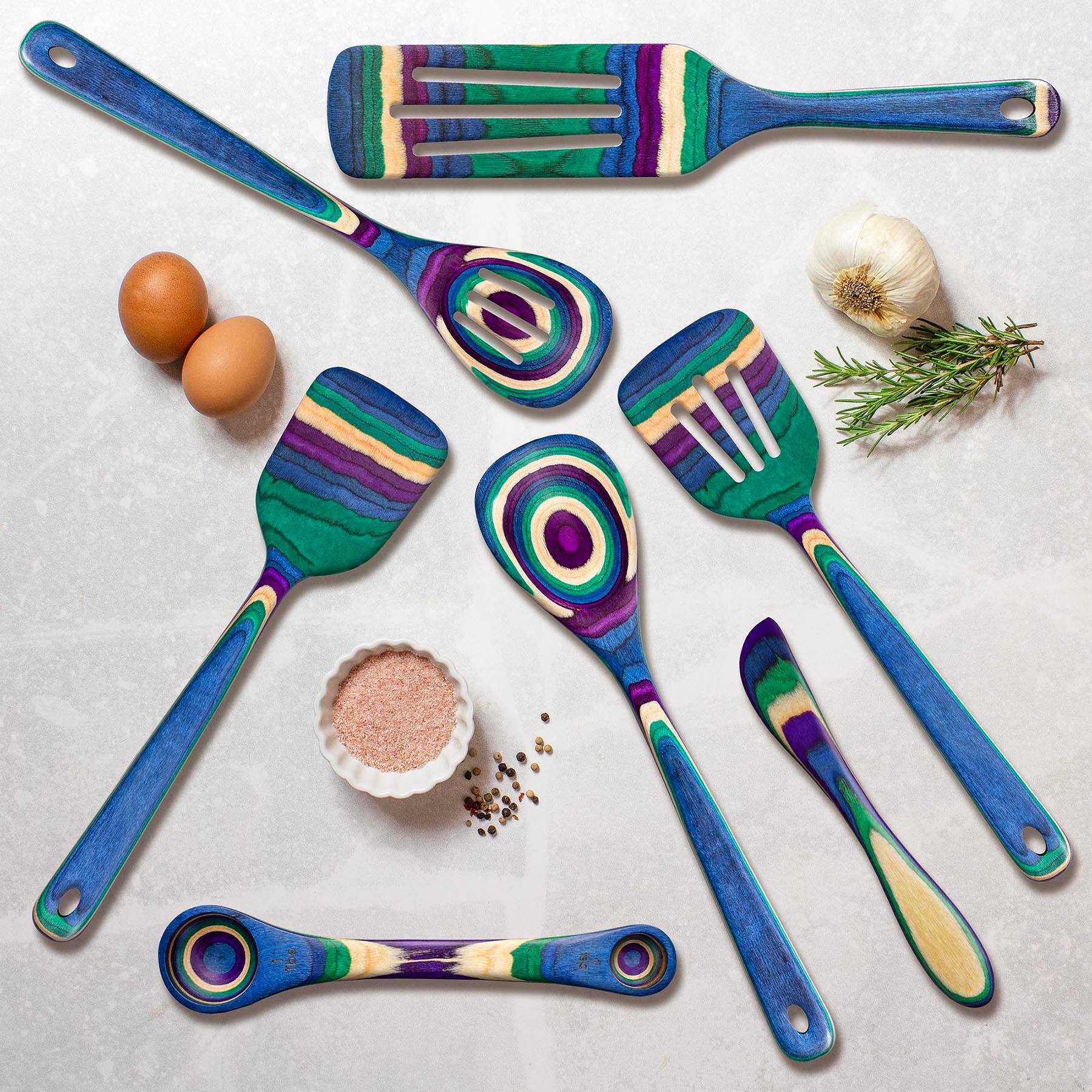 Angle. Baltique - Mumbai Collection 7 Piece Cooking Utensil Set, Safe for Nonstick - Purple, Green, Blue.