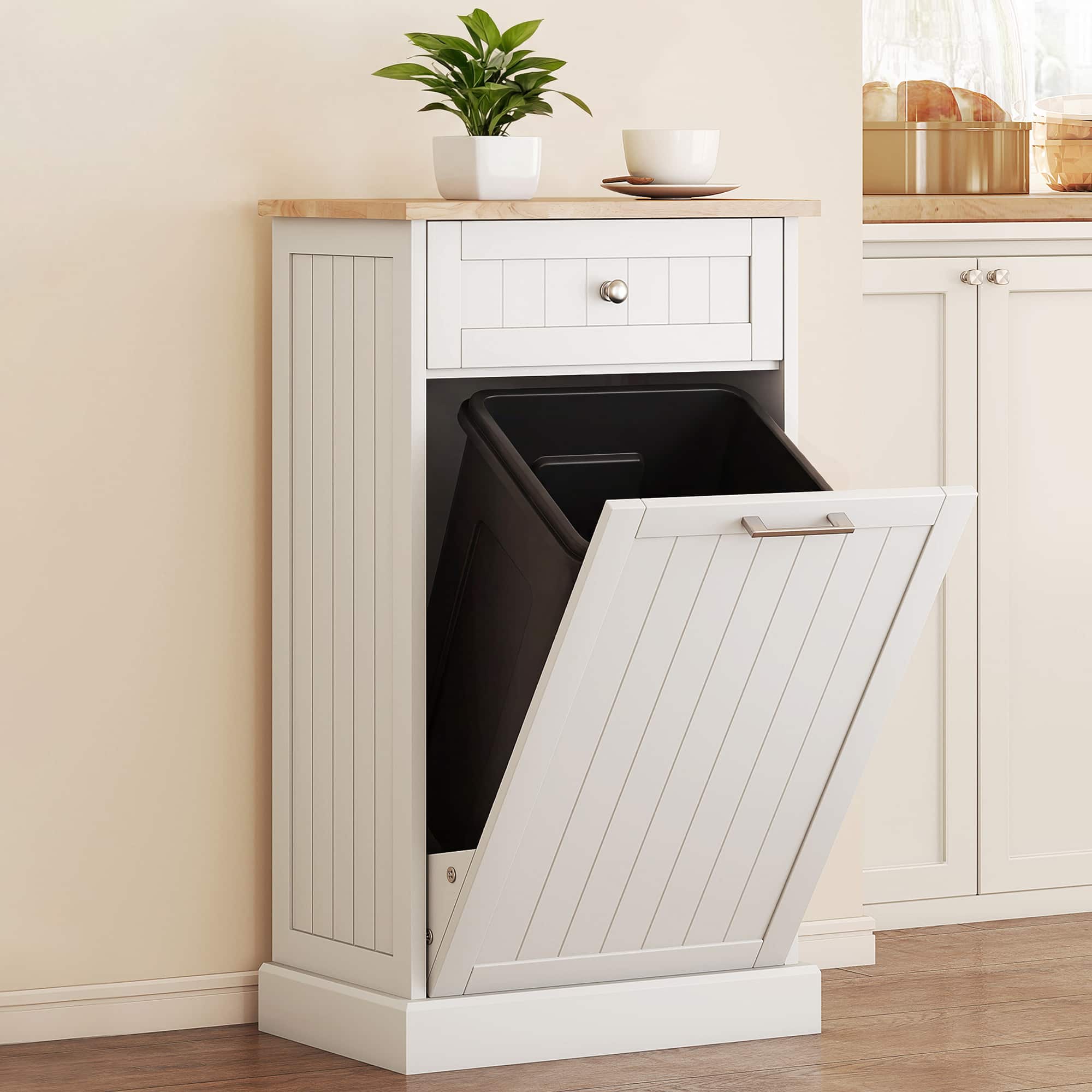 Homcom - Kitchen Tilt Out Trash Bin Cabinet Free Standing Recycling Cabinet 10 Gallon Trash Can Holder With Drawer - White price history on PriceWatchPro