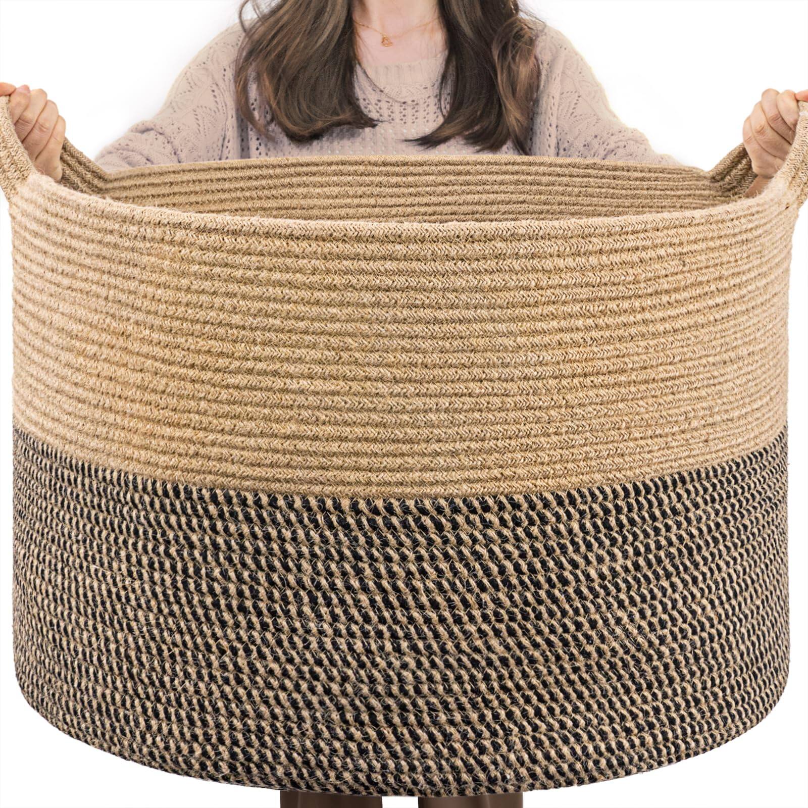 Dapper Styles - Xxxlarge Cotton Rope Basket 21 7" X 13 8" Woven Laundry Blanket Baskets With Handle Storage Comforter Cushi - Black & Jute-21.7"D x 13.8"H