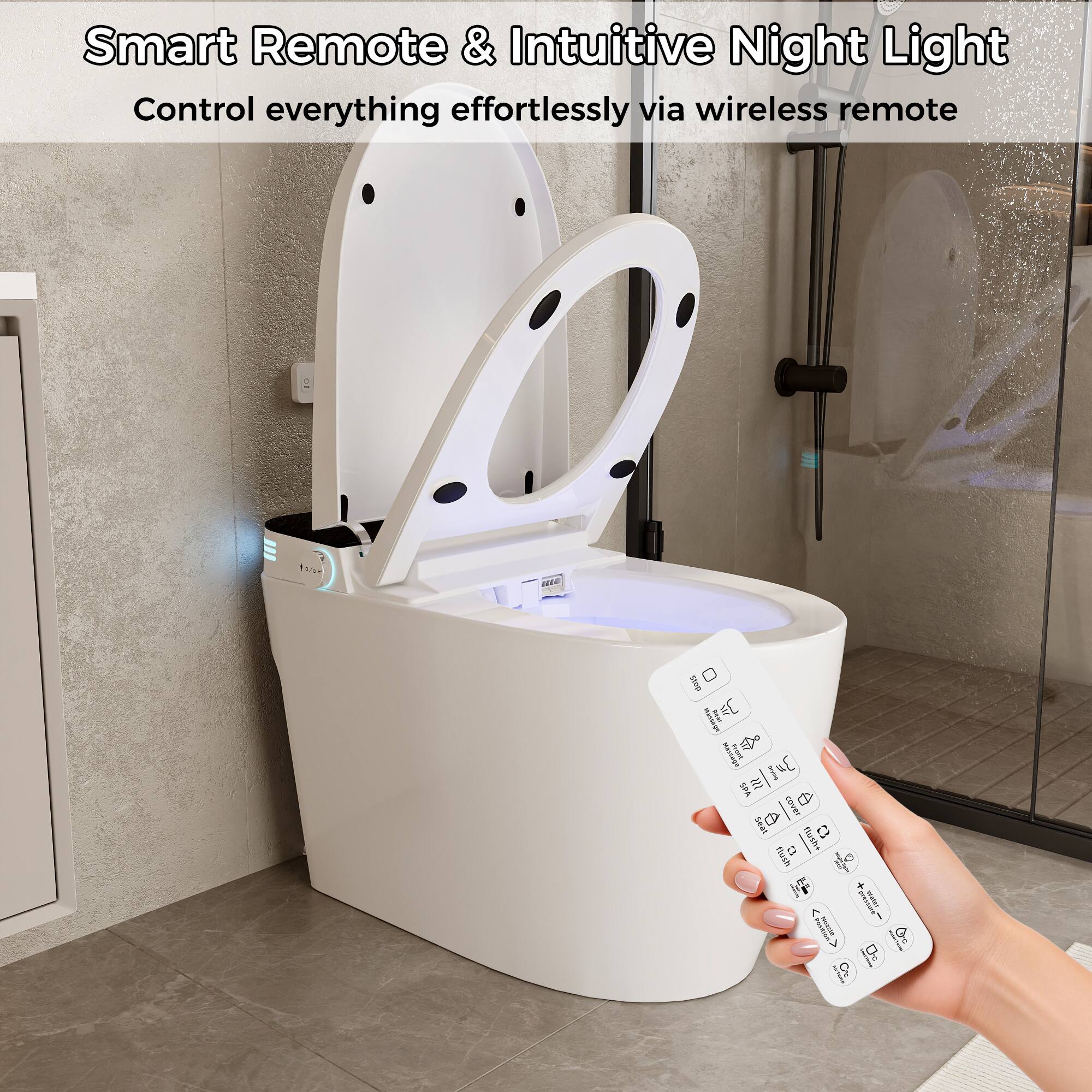 Smart Remote & Intuitive Night Light  
Control everything effortlessly via wireless remote