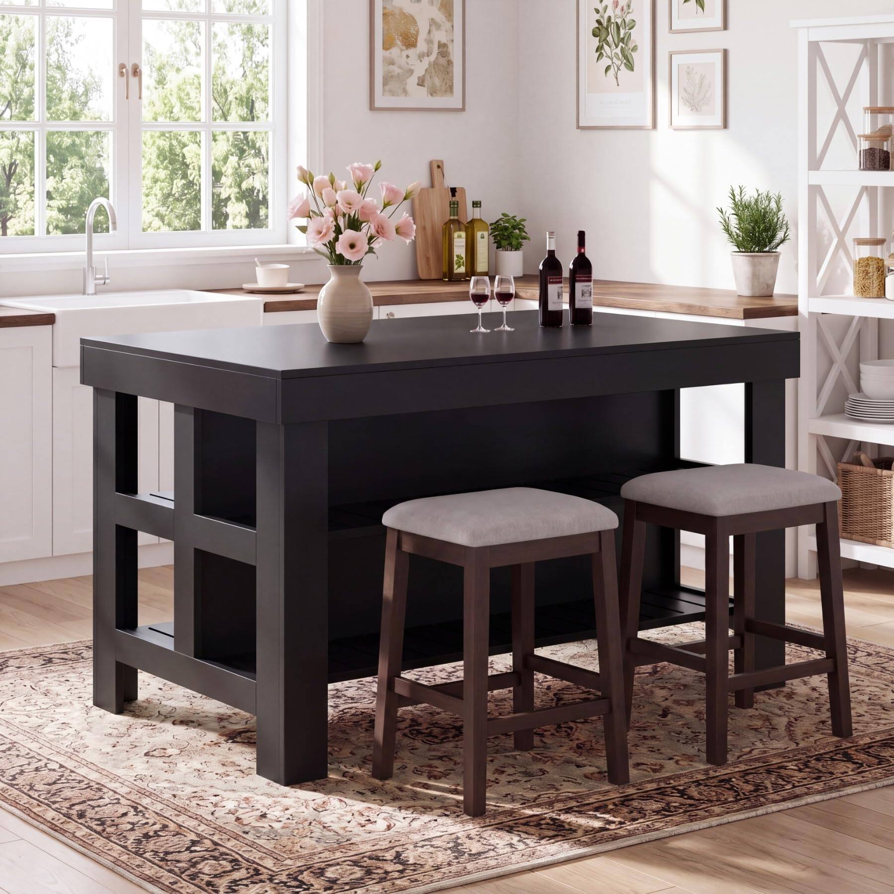 Alt View 1. Tribesigns - 55.1-Inch Kitchen Island with Seating Space and 3-Tier Storage for Kitchen or Dining Room - Black.