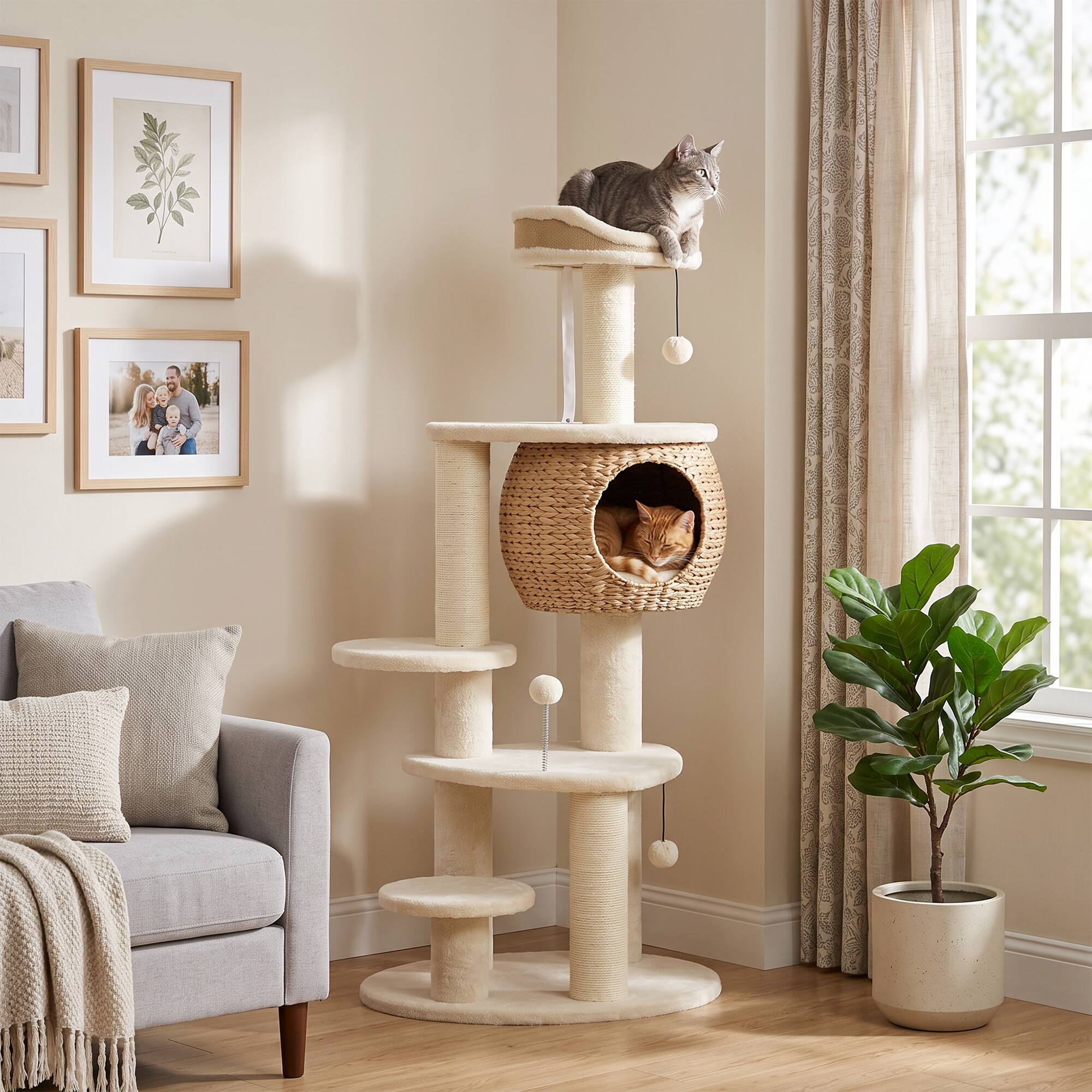 Alt View 8. Pawhut - 52" Cat Tree, Cat Tower with Handwoven Cattail Condo, Bed, Platforms - Beige.