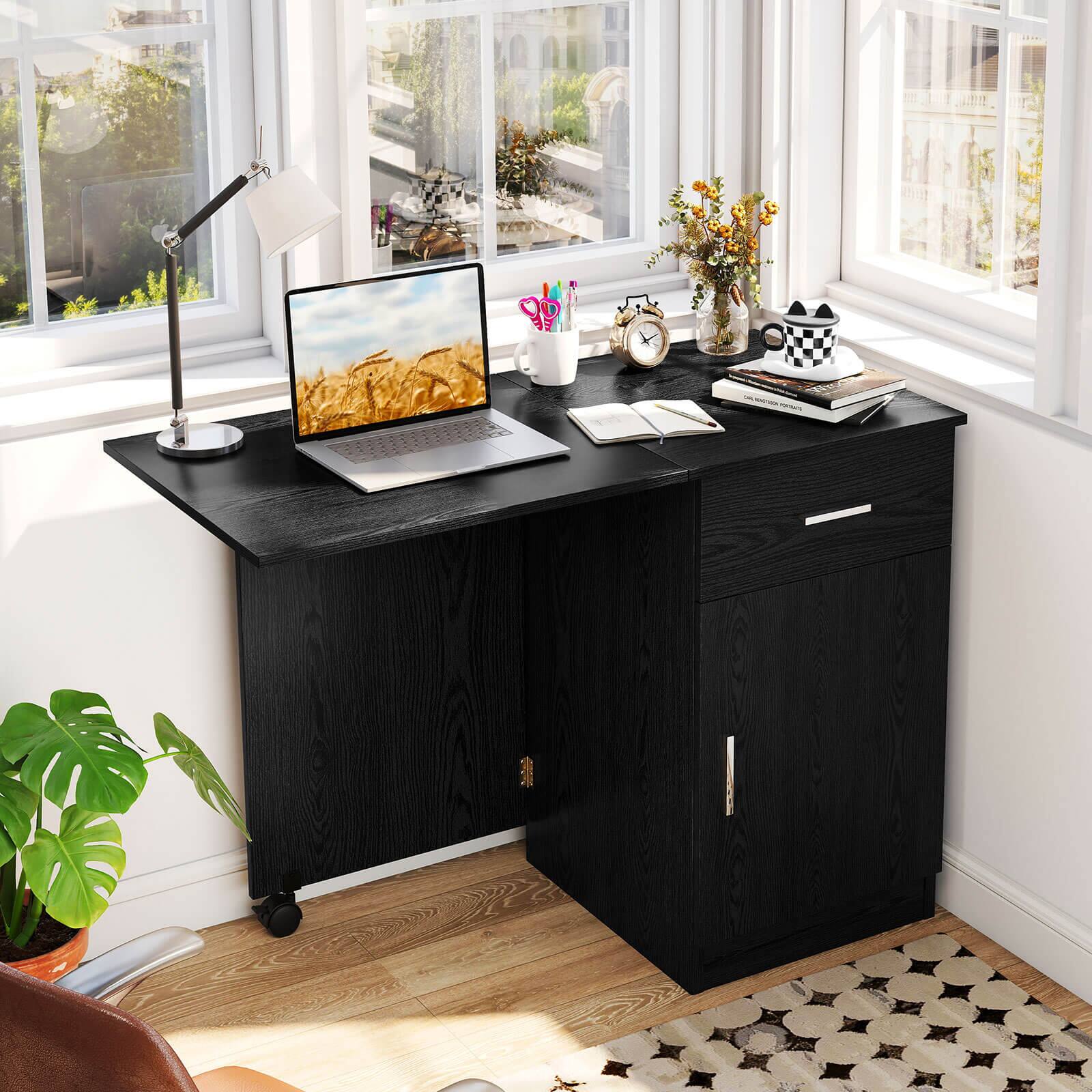 Alt View 4. Costway - Costway Folding Computer Desk with Drawer Cabinet & Adjustable Shelf Wheel for Living Room, Black - Black.