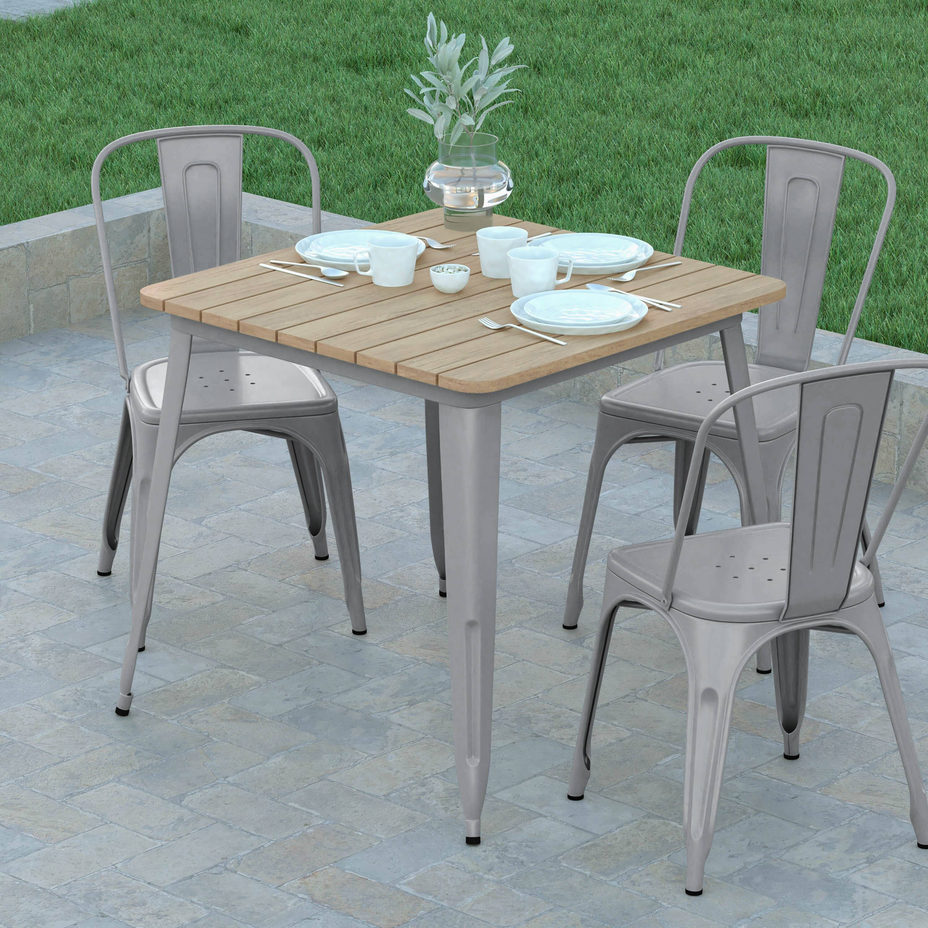 Alt View 3. Emma + Oliver - Drew Indoor/Outdoor Dining Table, 31.5" Square All Weather Poly Resin Top with Steel Base - Brown Top/Silver Frame.
