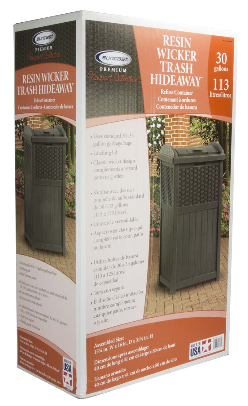 **Suncast Premium Newport Collection**

**Resin Wicker Trash Hideaway**

**Refuse Container**

- Uses standard 30-33 gallon garbage bags
- Latching lid
- Classic wicker design complements any yard, patio or garden

**30 gallons / 113 litres/litros**

- S'utilise avec des sacs de taille standard poubelle de 30 à 33 gallons (113 à 125 litres)
- Couvercle verrouillable
- Aspect osier classique qui complète votre cour, patio ou jardin

- Utiliza bolsas de 30 a 33 galones estándar (113 a 125 litros)
- Tapas con seguro
- El diseño clásico de imitación mimbre completa cualquier patio o jardín

**Assembled Size:**
- 15 in. W x 16 in. D x 31 in. H
- 38 cm de largo x 40 cm de ancho x 80 cm de alto

**Dimensions assemblées:**
- 40 cm de largo x 41 cm de ancho x