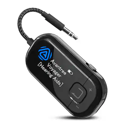 Front. Avantree - Voyager HA – Premium OLED Display Auracast Transmitter & TV Streamer for Auracast-Enabled Hearing Aids.