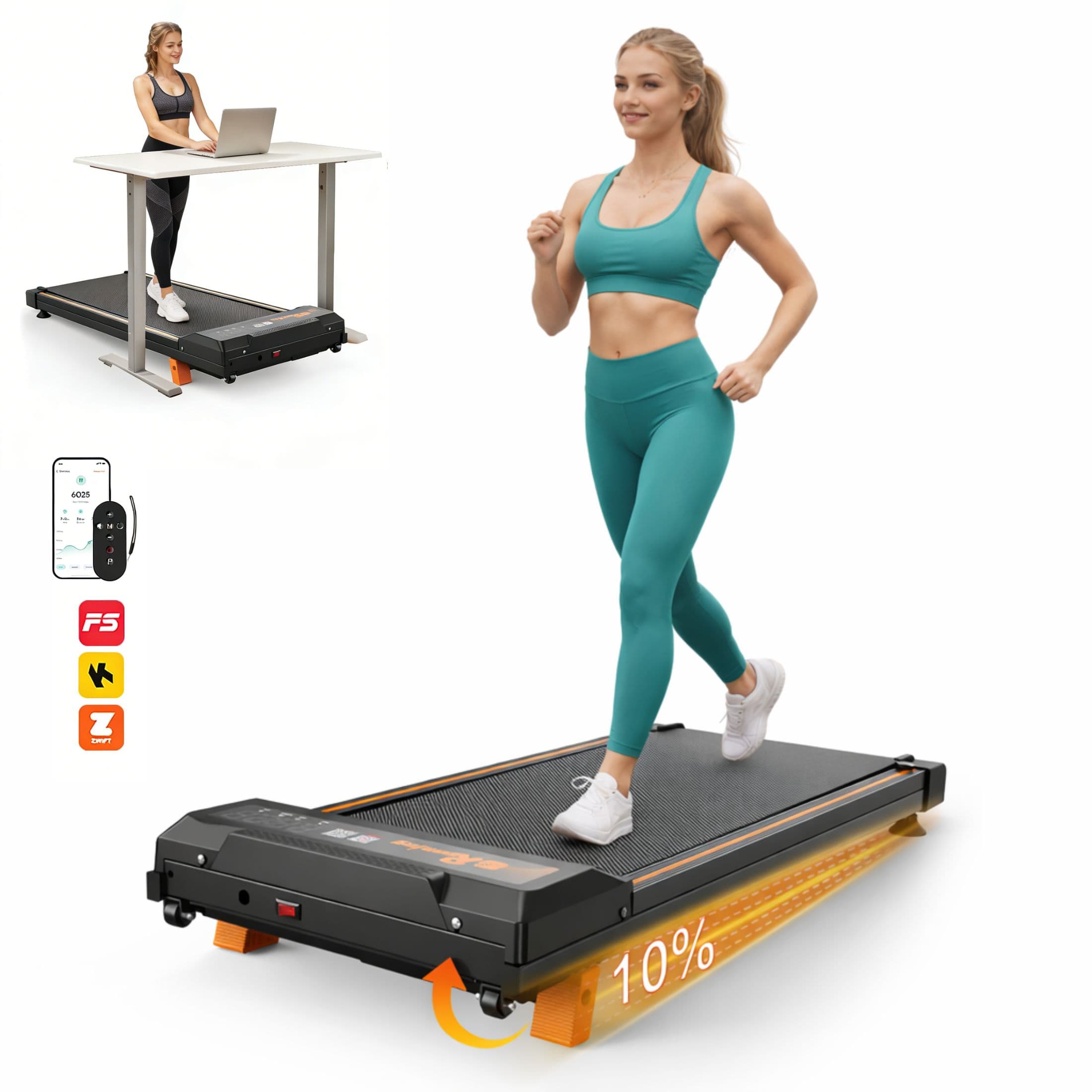 Redliro - Under Desk Treadmill with Incline, Walking Pad for Home Office, Portable No Assembly Treadmill, 300 lbs - Black