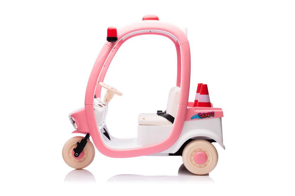 Left. BreeBe - 12V Electric 3-Wheel Kids Police Car, 2-Seater Ride On Toy with Lights, Music, Bluetooth, Walkie Talkie - Pink.