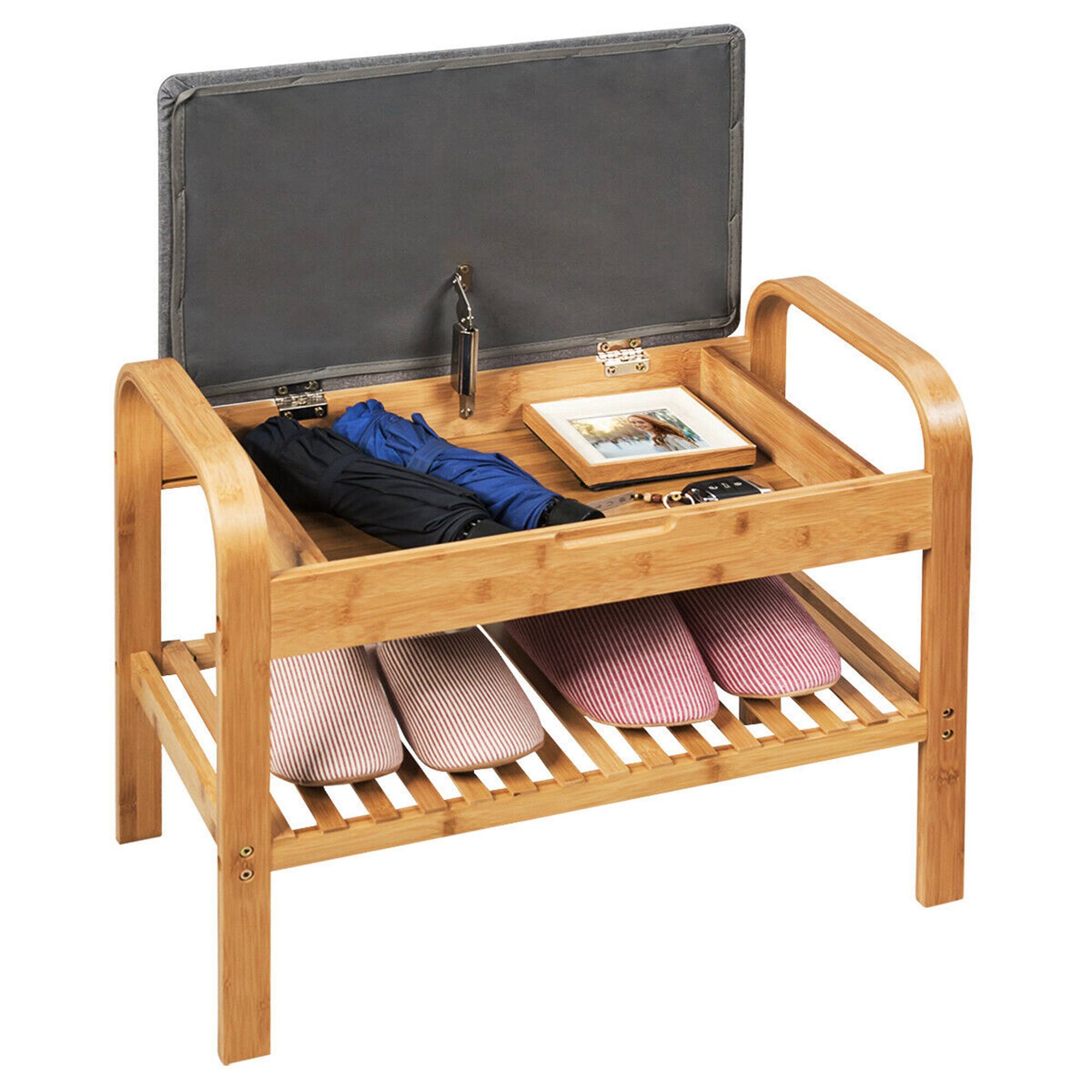 Alt View 18. Costway - Shoe Rack Bench Bamboo W/Cushioned Seat&Storage Shelf Padded Seat Shoe Bench - Natural and Grey.