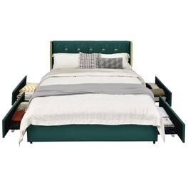 Ecooso - Full Size Upholstered Bed Frame with Four Storage Drawers Underneath - Green