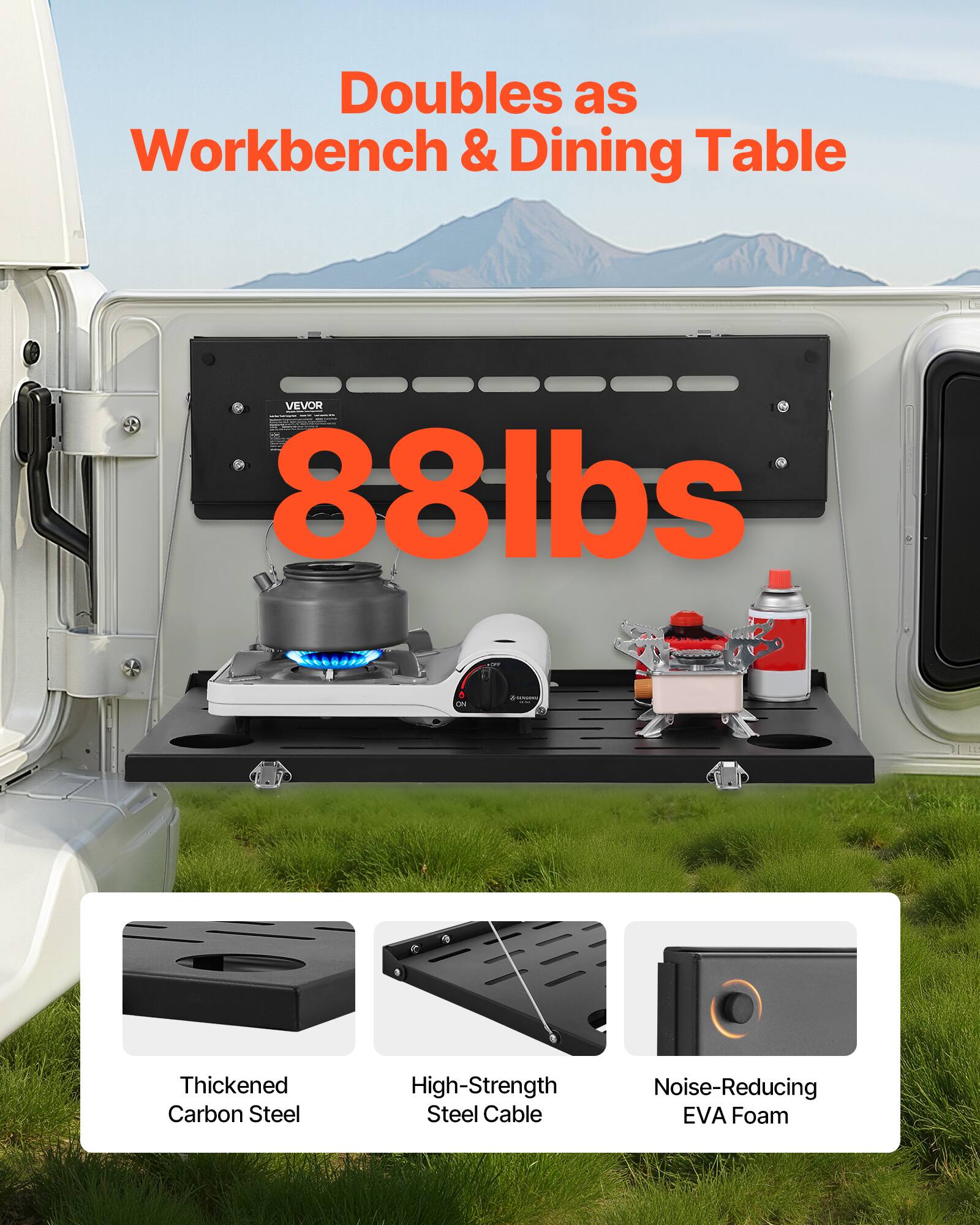 Doubles as Workbench & Dining Table  
VEVOR  
88 lbs  
Thickened Carbon Steel  
High-Strength Steel Cable  
Noise-Reducing EVA Foam