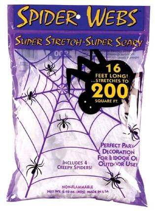 SPIDER WEBS SUPER STRETCH SUPER SCARY 16 FEET LONG! ...STRETCHES TO 200 SQUARE FT.
PERFECT PARTY DECORATION FOR INDOOR OR OUTDOOR USE!
INCLUDES 4 CREEPY SPIDERS!
NON-FLAMMABLE NET WT 2.10 OZ (60g) MADE IN USA
