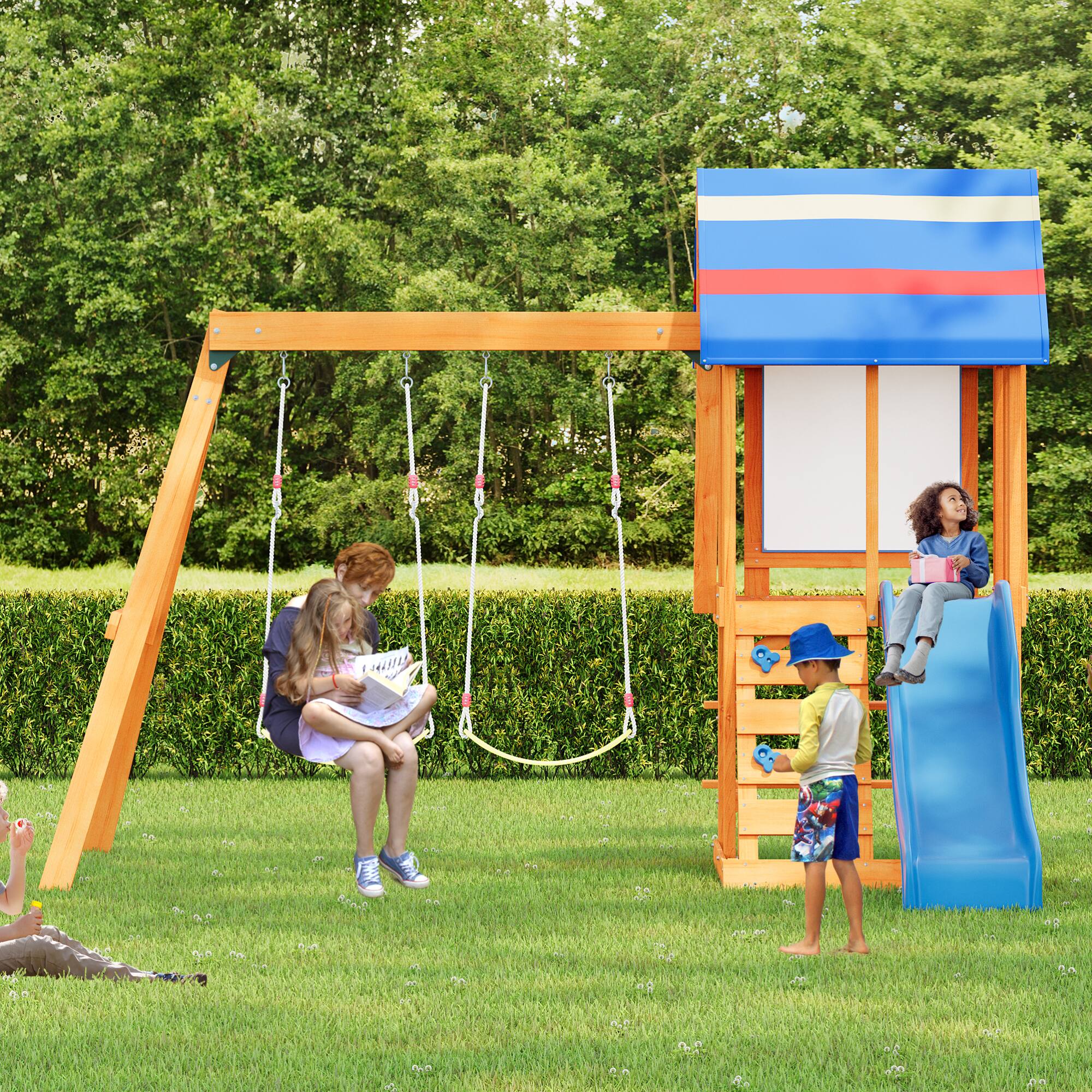 Alt View 7. ELEMENT ACE - Outdoor Wooden Swing Set with Slide, Swings, and Climbing Wall for Backyard and Garden Play.